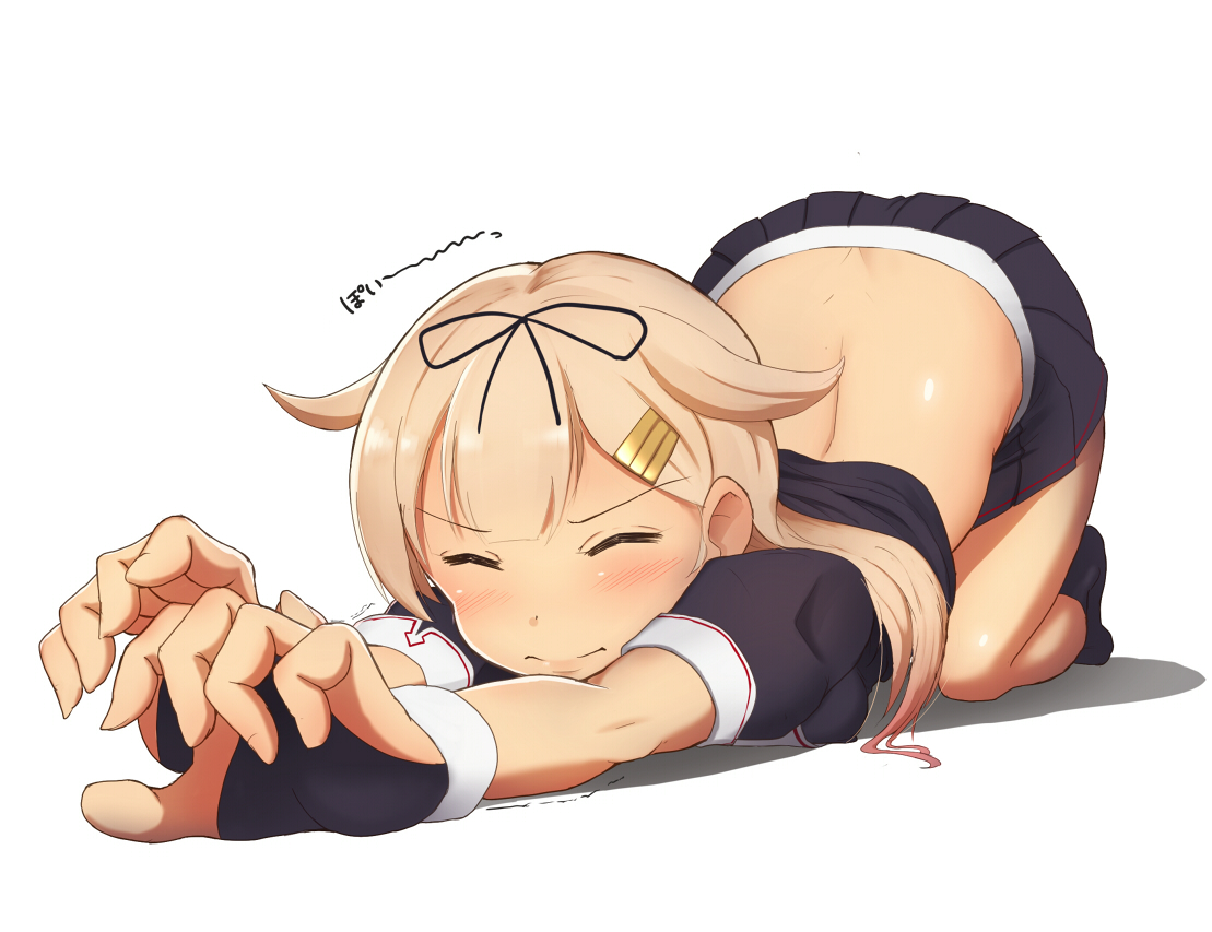 anthropomorphism, blonde_hair, blush, gloves, kantai_collection, maku_ro, school_uniform, skirt, white, yuudachi_(kancolle)