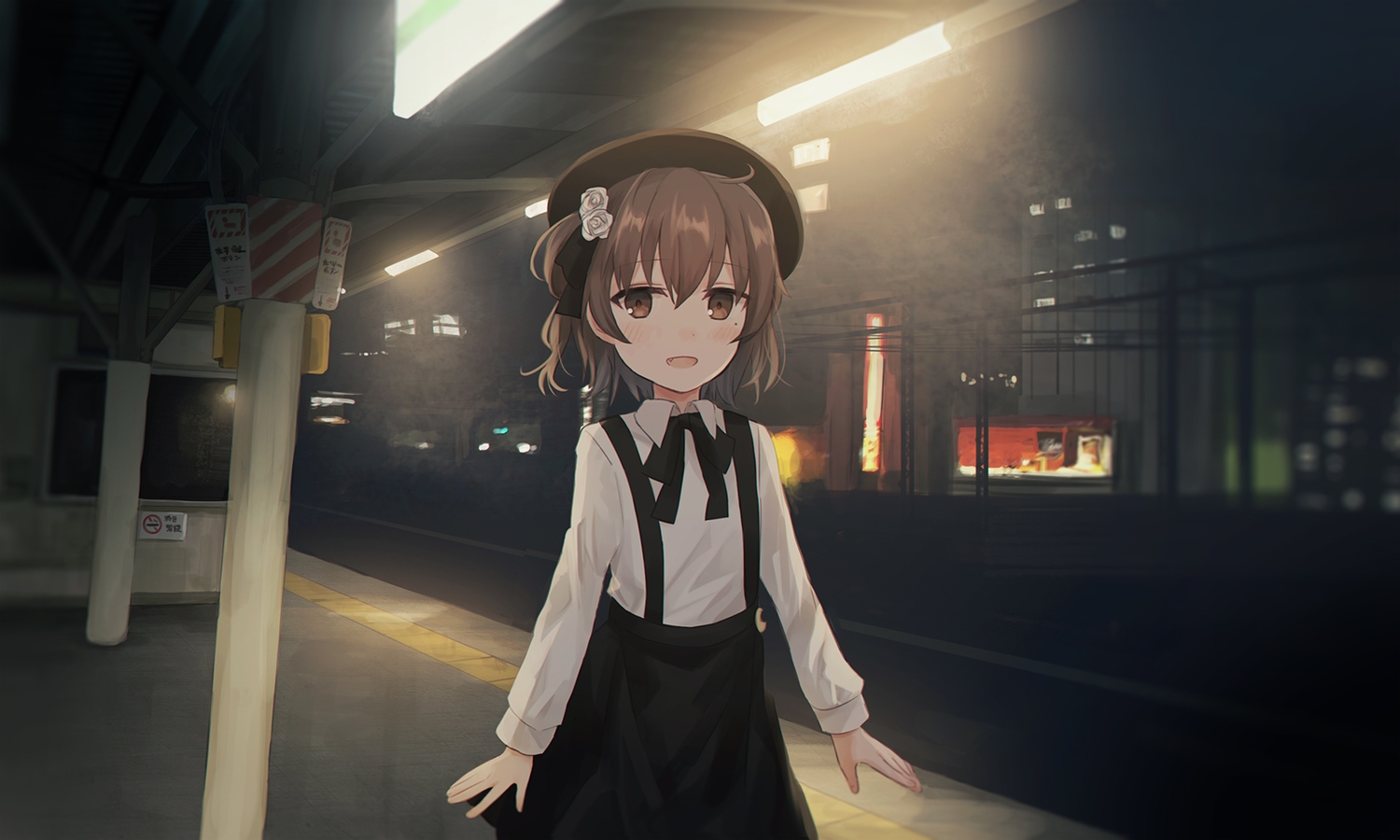 bow, brown_eyes, brown_hair, building, chihuri405, fang, flowers, hat