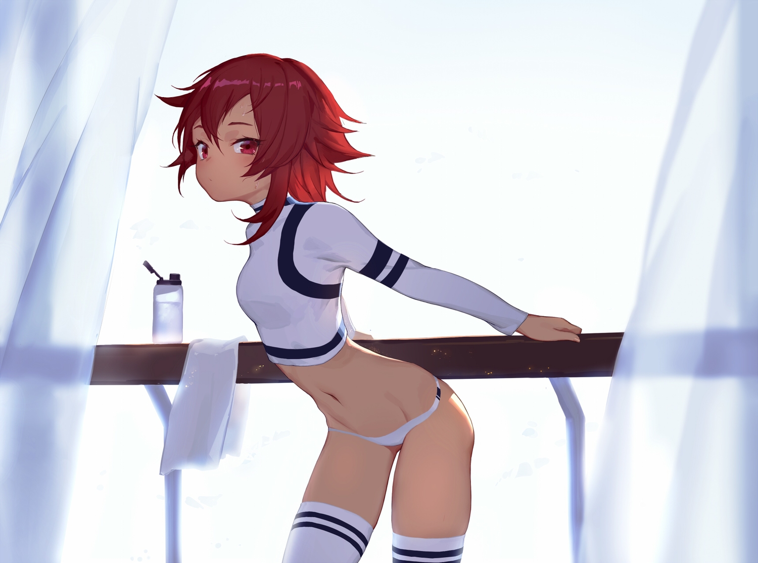 drink, navel, original, panties, red_eyes, red_hair, short_hair, sparrow_(xici9527), thighhighs, towel, underwear
