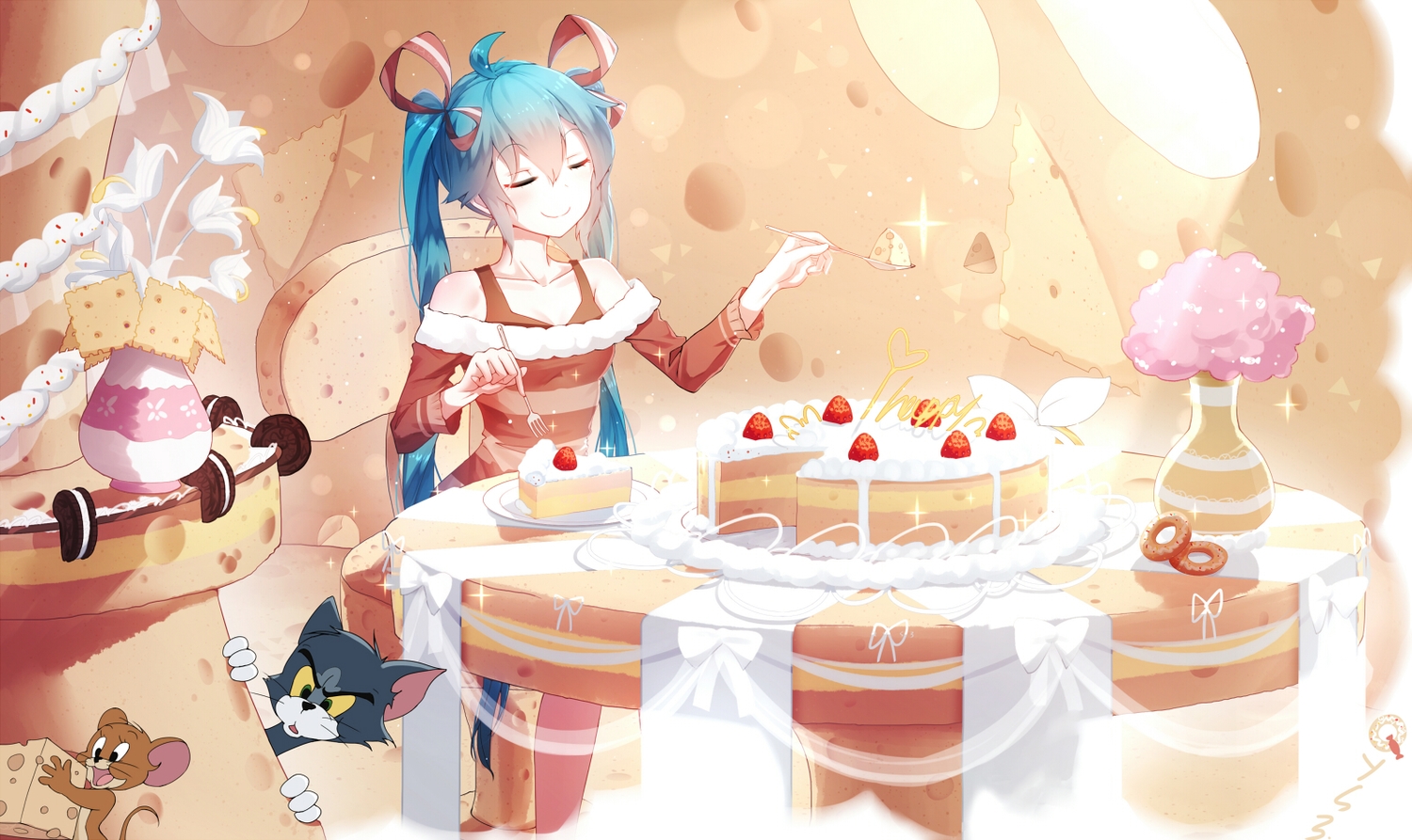 animal, aqua_hair, cake, cat, cherry, crossover, flowers, food, fruit, hatsune_miku, jerry_(tom_and_jerry), long_hair, mouse, qys3, ribbons, tom_and_jerry, tom_(tom_and_jerry), twintails, vocaloid