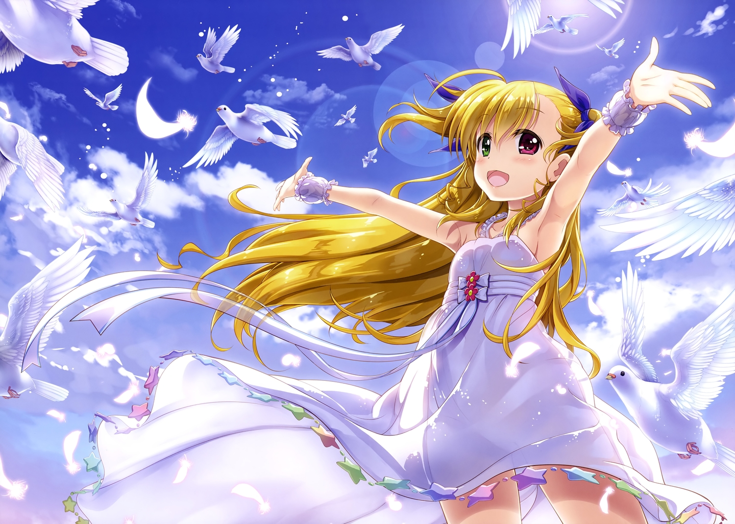 animal, bicolored_eyes, bird, blonde_hair, blush, clouds, dress, feathers