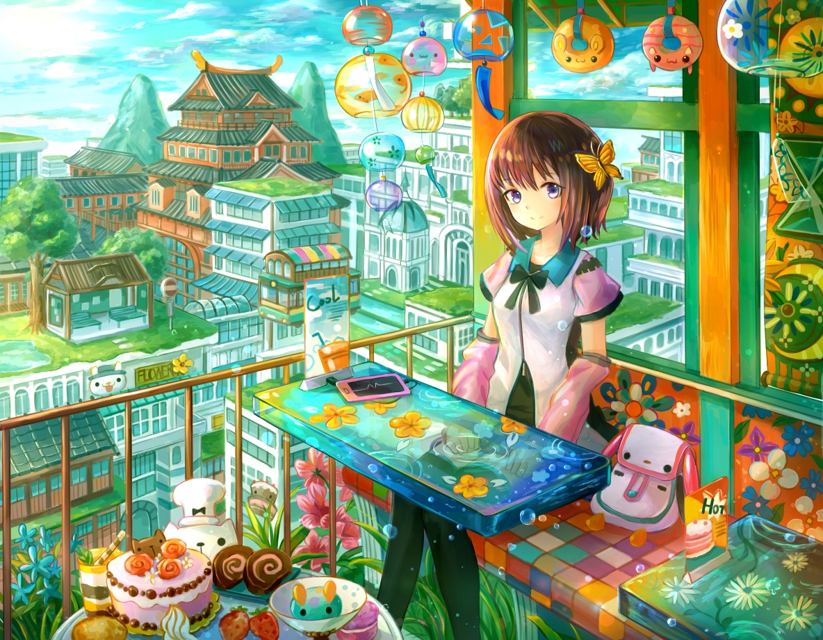 brown_hair, building, cake, city, clouds, drink, food, fruit, kutsunohito, original, phone, purple_eyes, see_through, short_hair, sky, strawberry, thighhighs