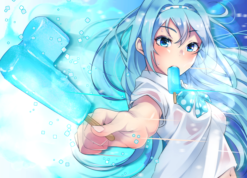 aliasing, aqua_eyes, aqua_hair, headband, long_hair, natsui_tuna, navel, original