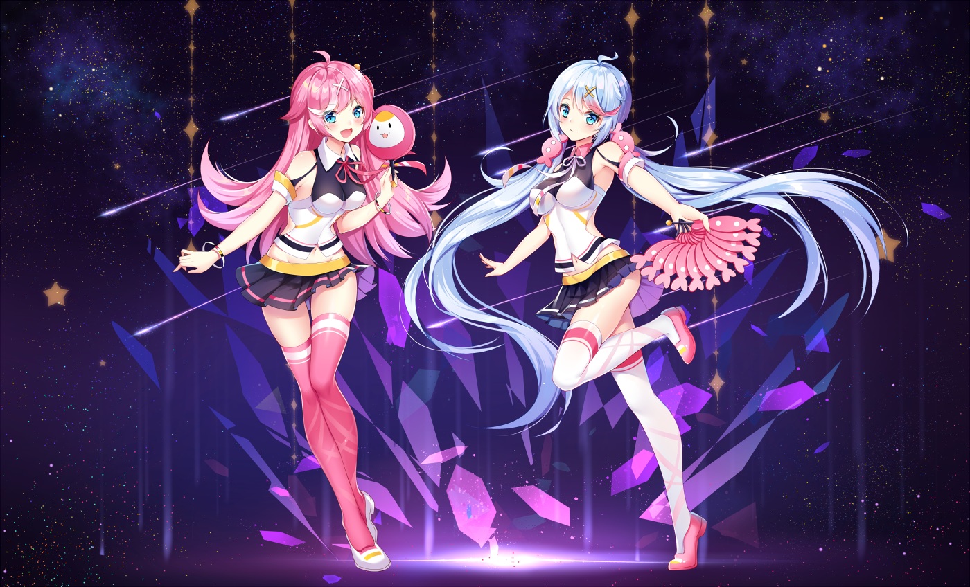 2girls, aqua_eyes, aqua_hair, breasts, ju_topia, navel, pink_hair, skirt