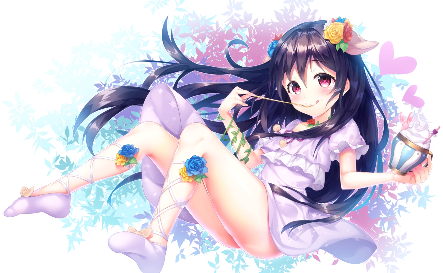 animal_ears, black_hair, blush, dress, flowers, food, ice_cream, kokkeina_budou, long_hair, love_live!_school_idol_project, red_eyes, rose, yazawa_nico
