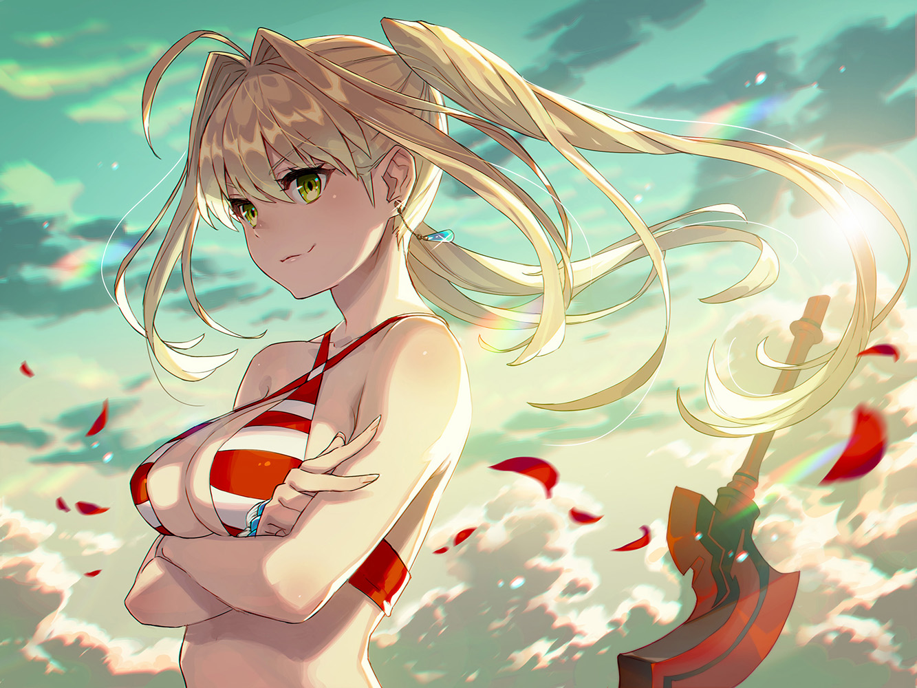 bikini_top, blonde_hair, breast_hold, breasts, fate/grand_order, fate_(series), green_eyes, kusano_shinta