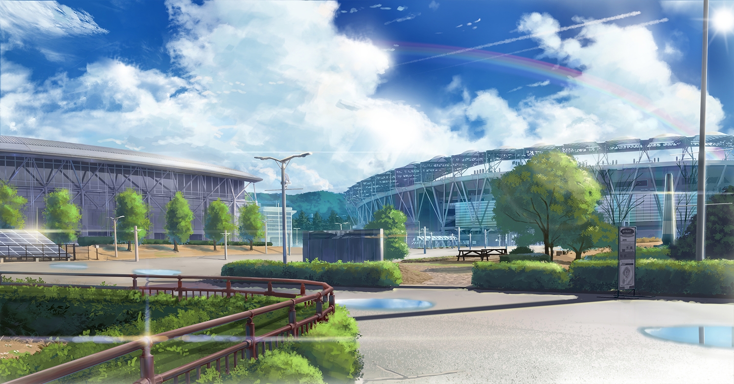 building, clouds, grass, nasu, no_humans, original, rainbow, scenic