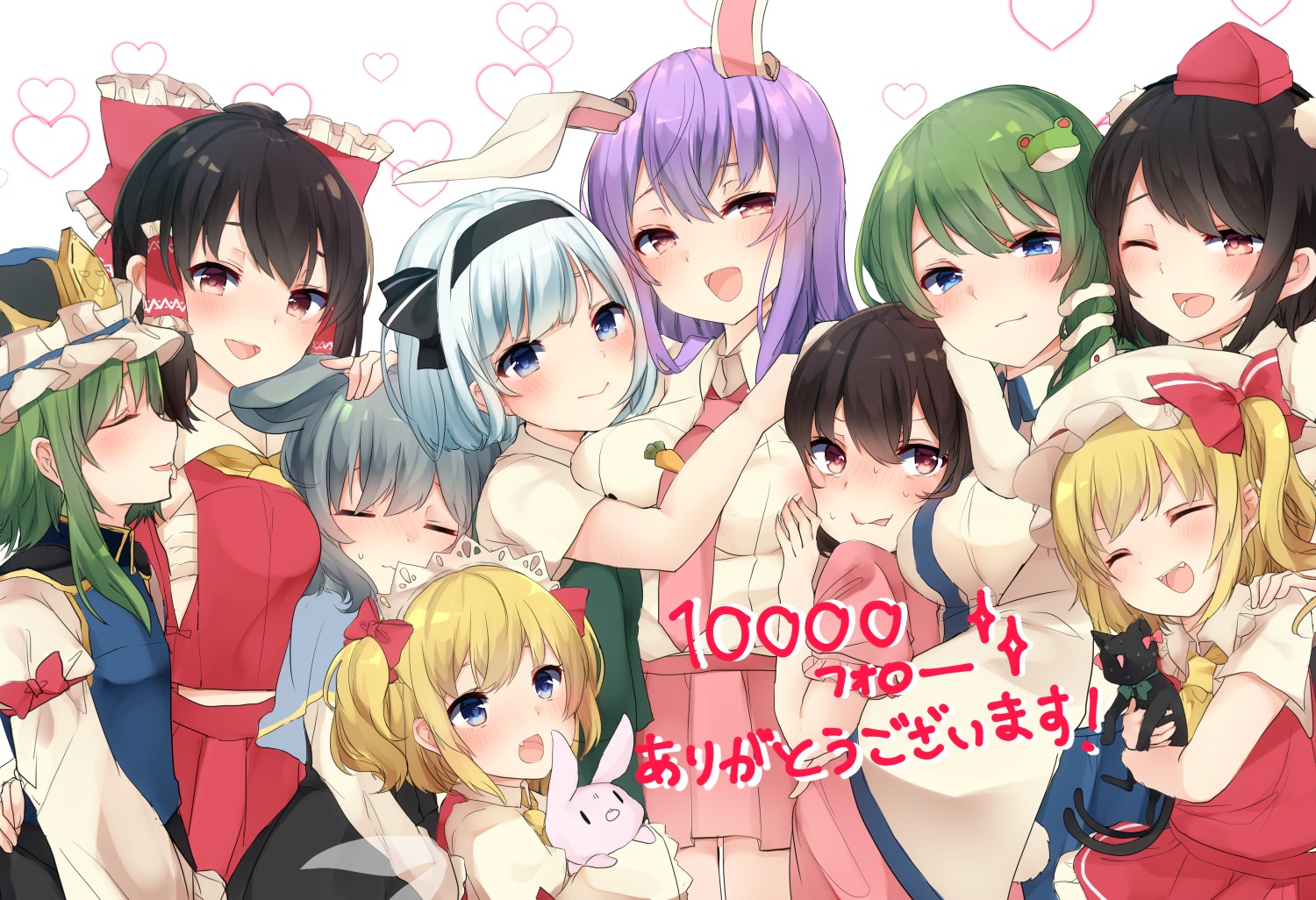 aliasing, animal, animal_ears, black_hair, blue_eyes, blush, bow, breast_grab