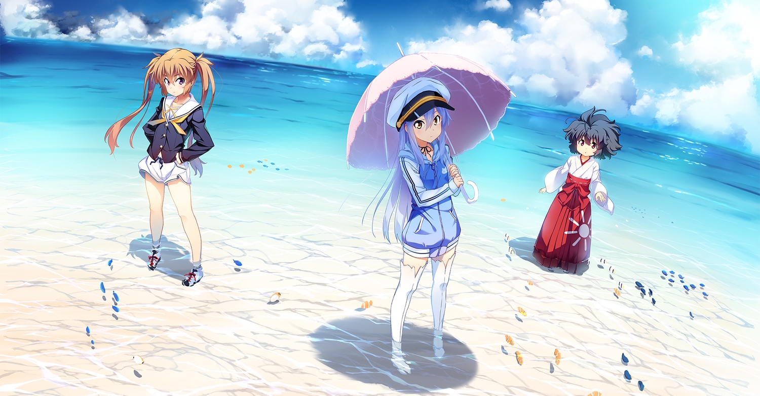 beach, black_hair, front_wing, garandou_sara, hood, island_(game), japanese_clothes, kurutsu_karen, kuuchuu_yousai, loli, miko, ohara_rinne, orange_hair, purple_eyes, red_eyes, water, white_hair, yellow_eyes