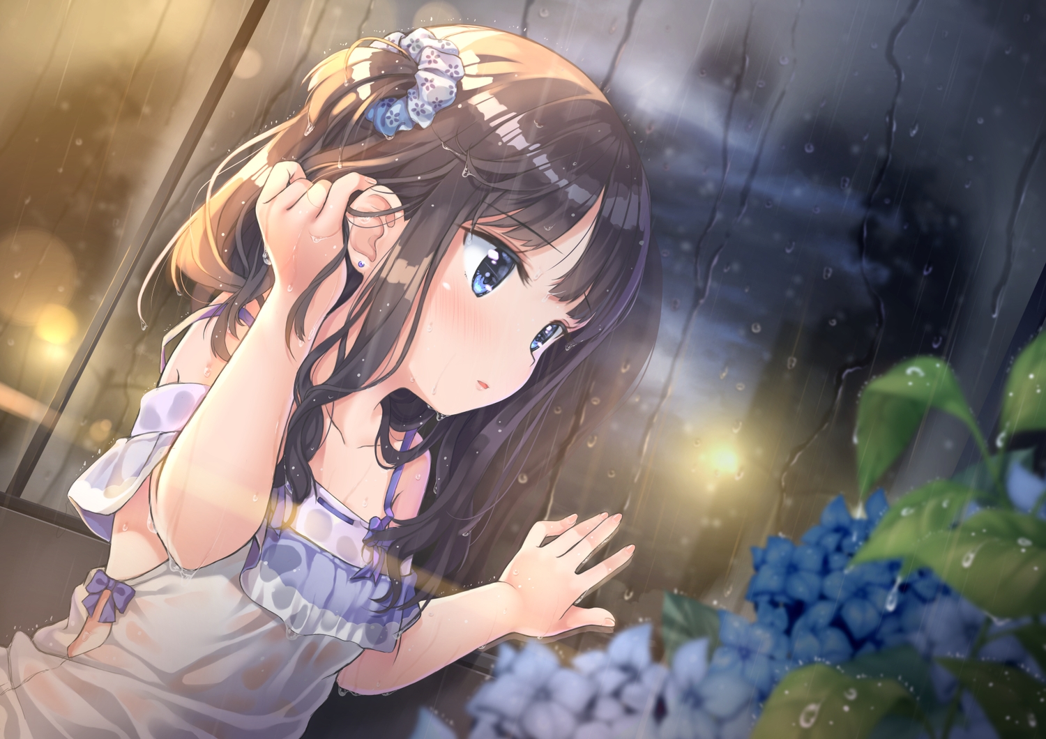 black_hair, blue_eyes, blush, ifnil, loli, original, rain, water