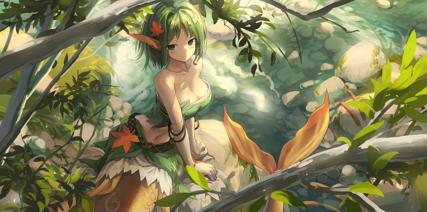 blush, breasts, cleavage, elbow_gloves, gloves, green, green_eyes, green_hair, hestia_(sdorica), huanxiang_huifeng, mermaid, pointed_ears, sdorica_-sunset-