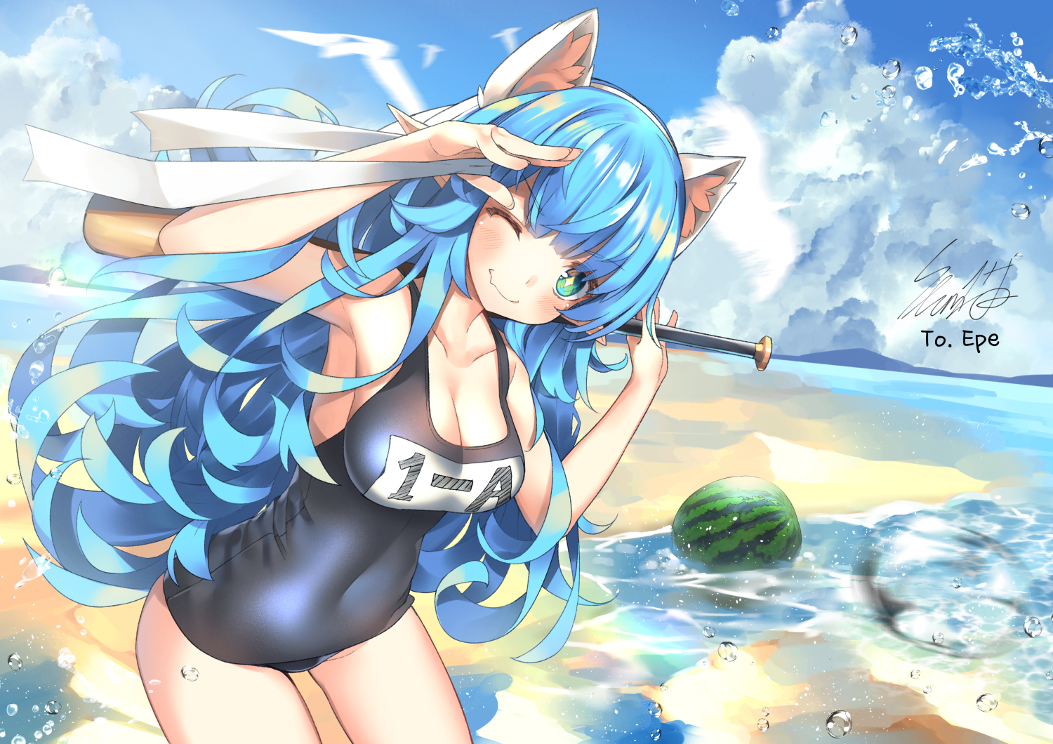 animal, animal_ears, aqua_hair, baseball_bat, beach, bird, blush, breasts, bubbles, cleavage, clouds, fang, food, fruit, green_eyes, long_hair, original, school_swimsuit, signed, sky, slumcat, swimsuit, water, watermelon, wink
