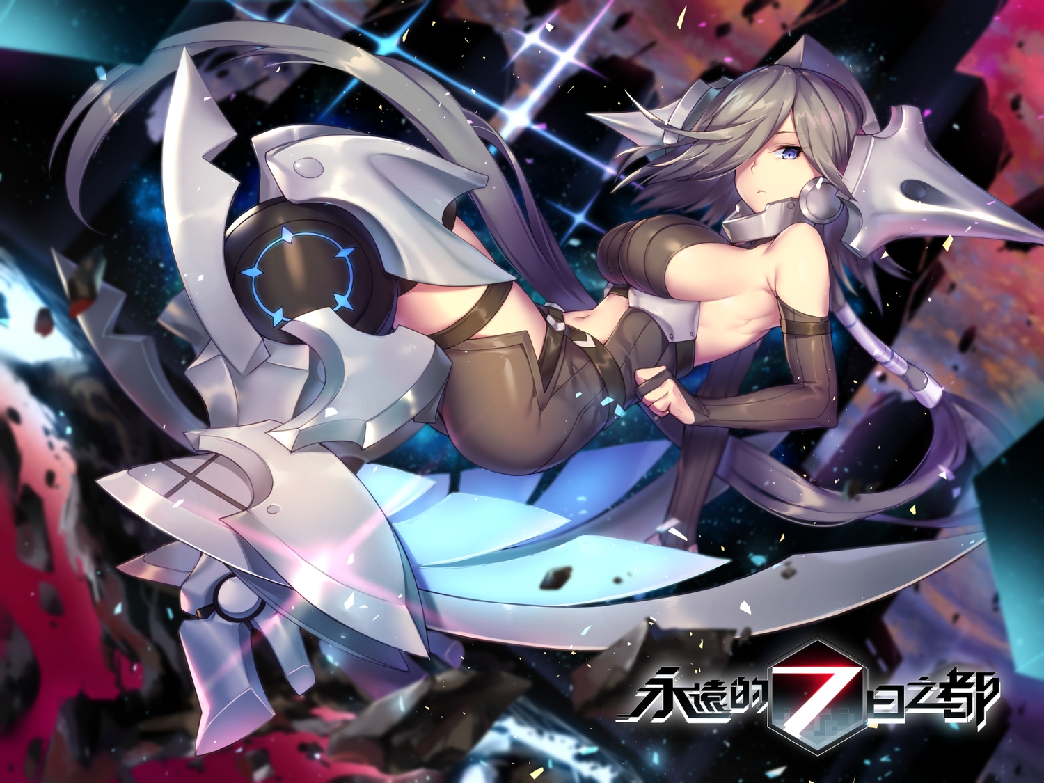 blue_eyes, breasts, gray_hair, original, shennai_misha, shorts