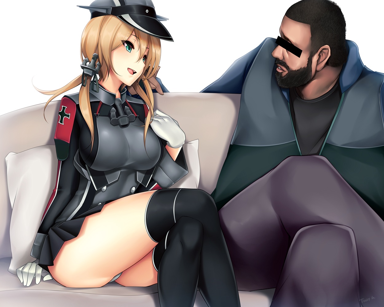 anthropomorphism, brown_hair, censored, couch, dj_khaled, gloves, green_eyes, hat