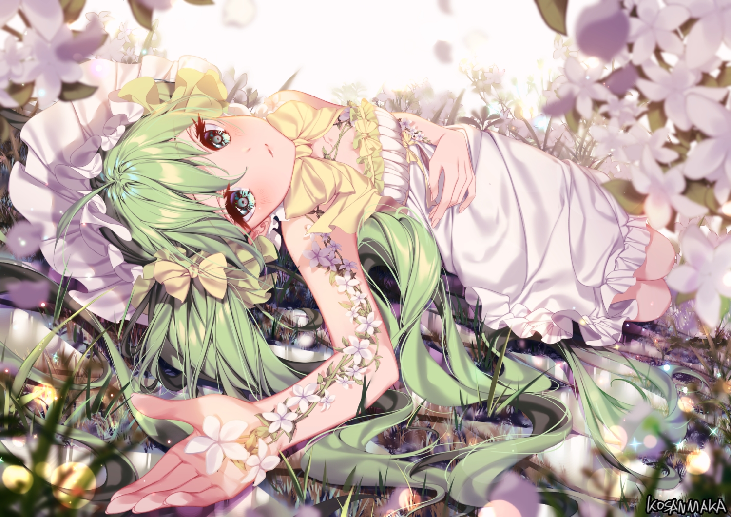 blush, dress, flowers, grass, green_eyes, green_hair, hatsune_miku, headdress, kosanmaka, long_hair, vocaloid, watermark