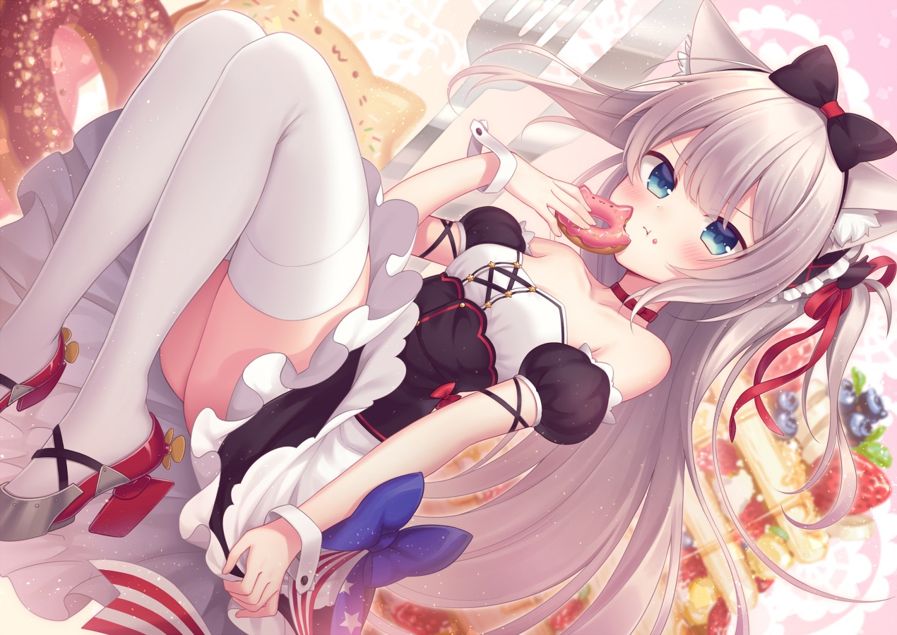 amane_kurumi, animal_ears, anthropomorphism, aqua_eyes, azur_lane, blush, bow, cake, catgirl, food, fruit, hammann_(azur_lane), headband, long_hair, maid, strawberry, thighhighs