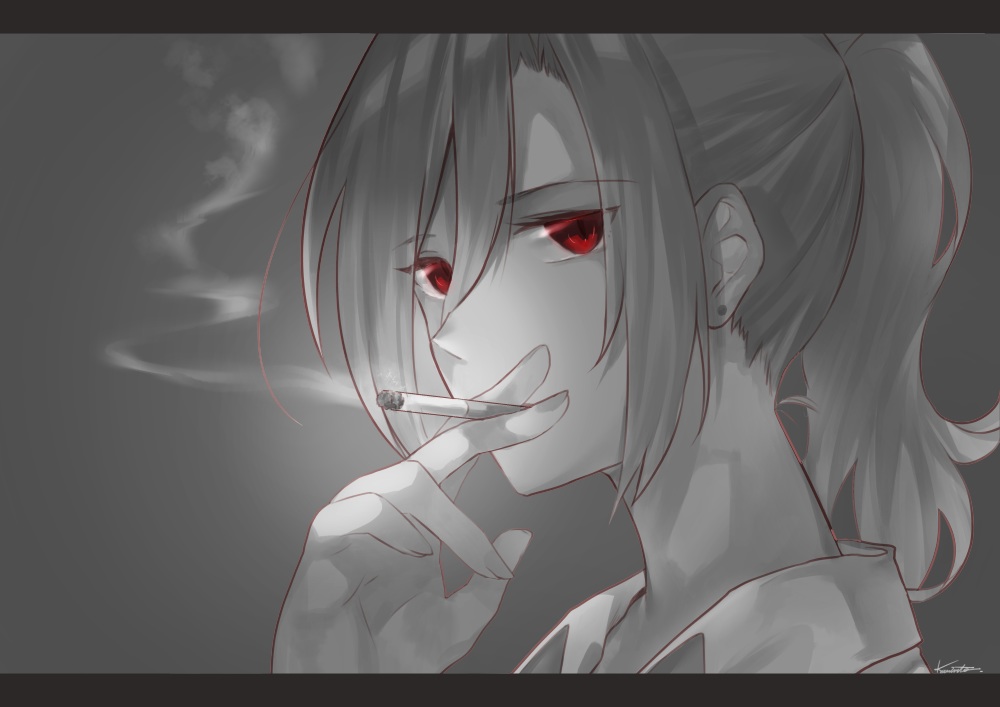 aozaki_touko, cigarette, close, gray, kara_no_kyoukai, karinto_yamada, long_hair, polychromatic
