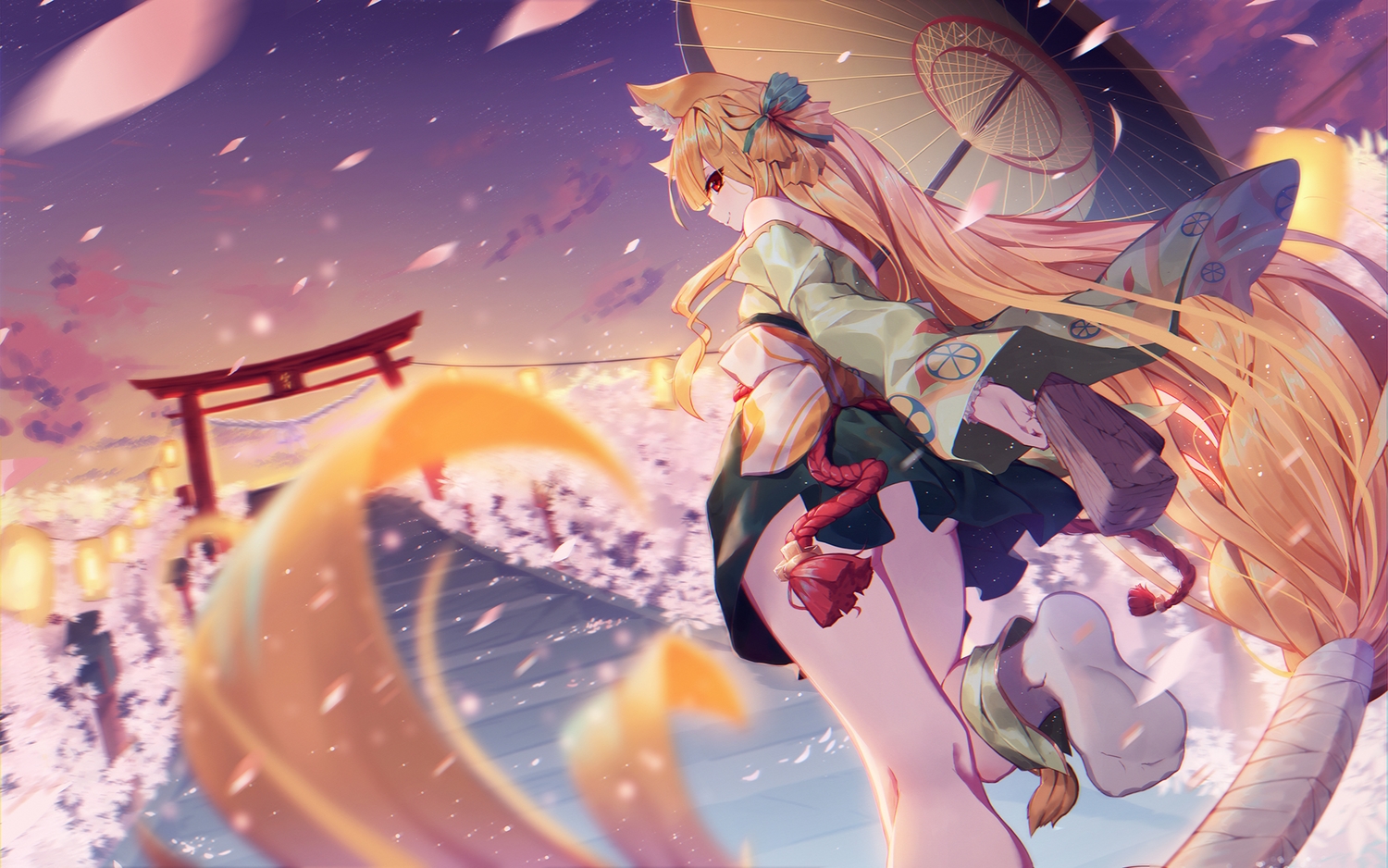 animal_ears, asa_ni_haru, barefoot, blonde_hair, cherry_blossoms, clouds, flowers, foxgirl, izumi_(sdorica), japanese_clothes, long_hair, orange_eyes, petals, ponytail, scenic, sdorica_-sunset-, sky, socks, stairs, torii, umbrella
