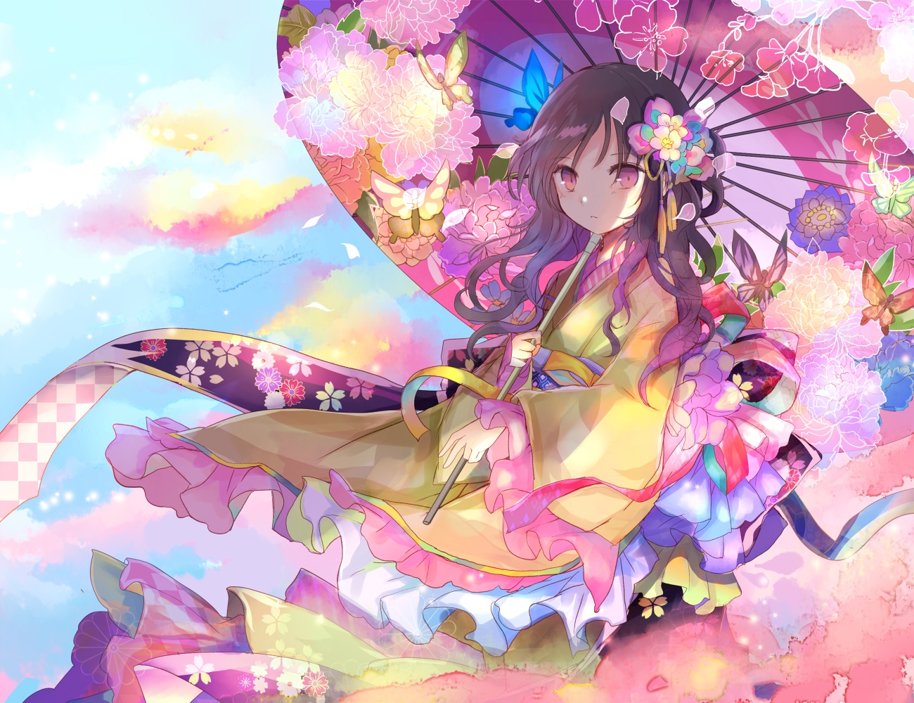 brown_hair, flowers, japanese_clothes, kazu_(muchuukai), kimono, long_hair, original, petals