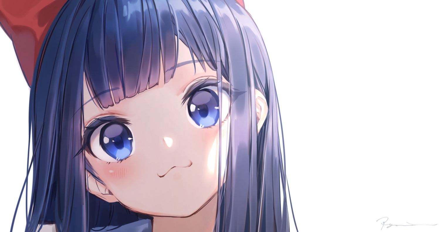 blue_eyes, blue_hair, blush, bow, cat_smile, close, long_hair, pipimi