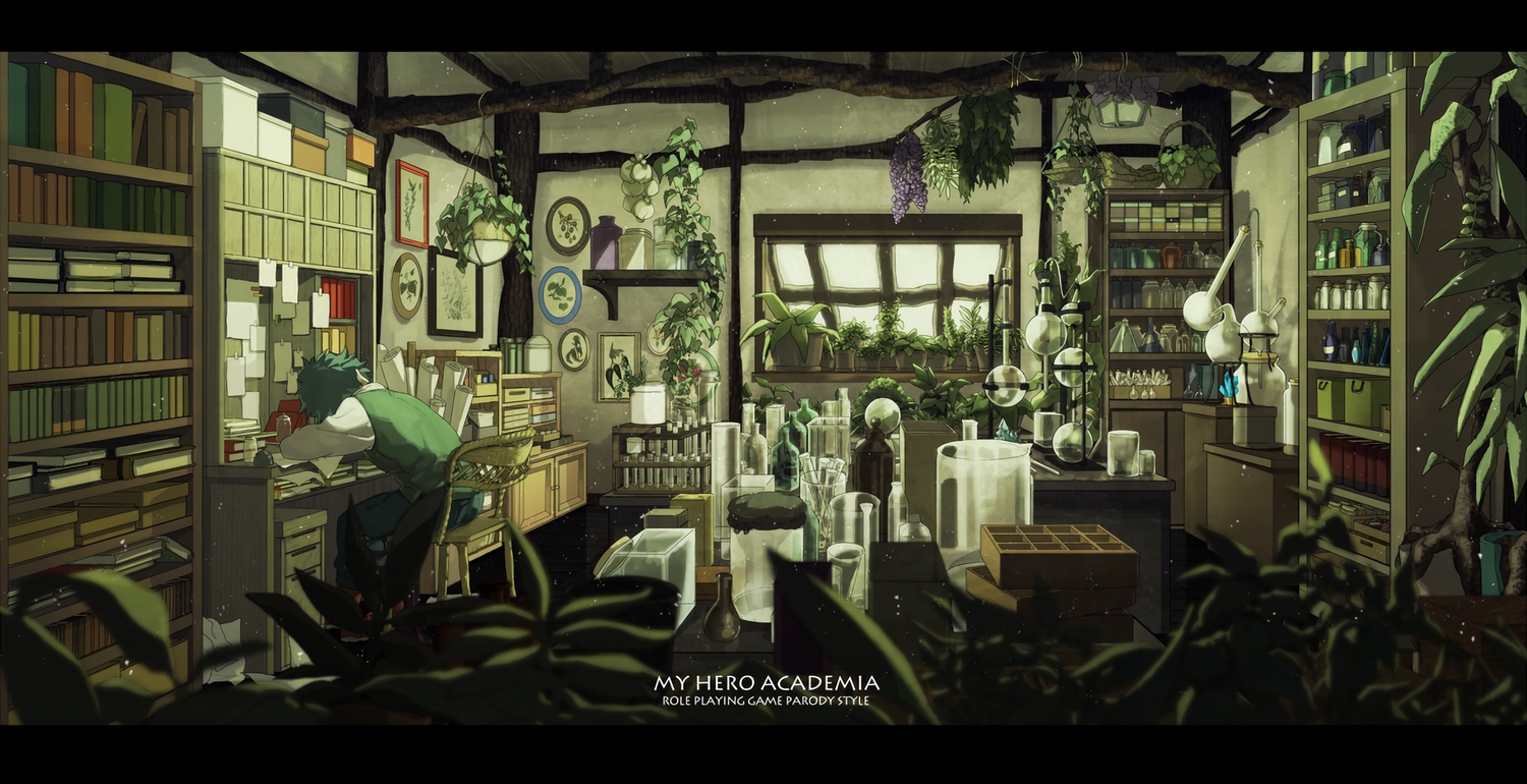 all_male, boku_no_hero_academia, book, flowers, green_hair, industrial, leaves, male, maneki-neko_(fujifuji), midoriya_izuku, paper, short_hair, sleeping, tree, waifu2x