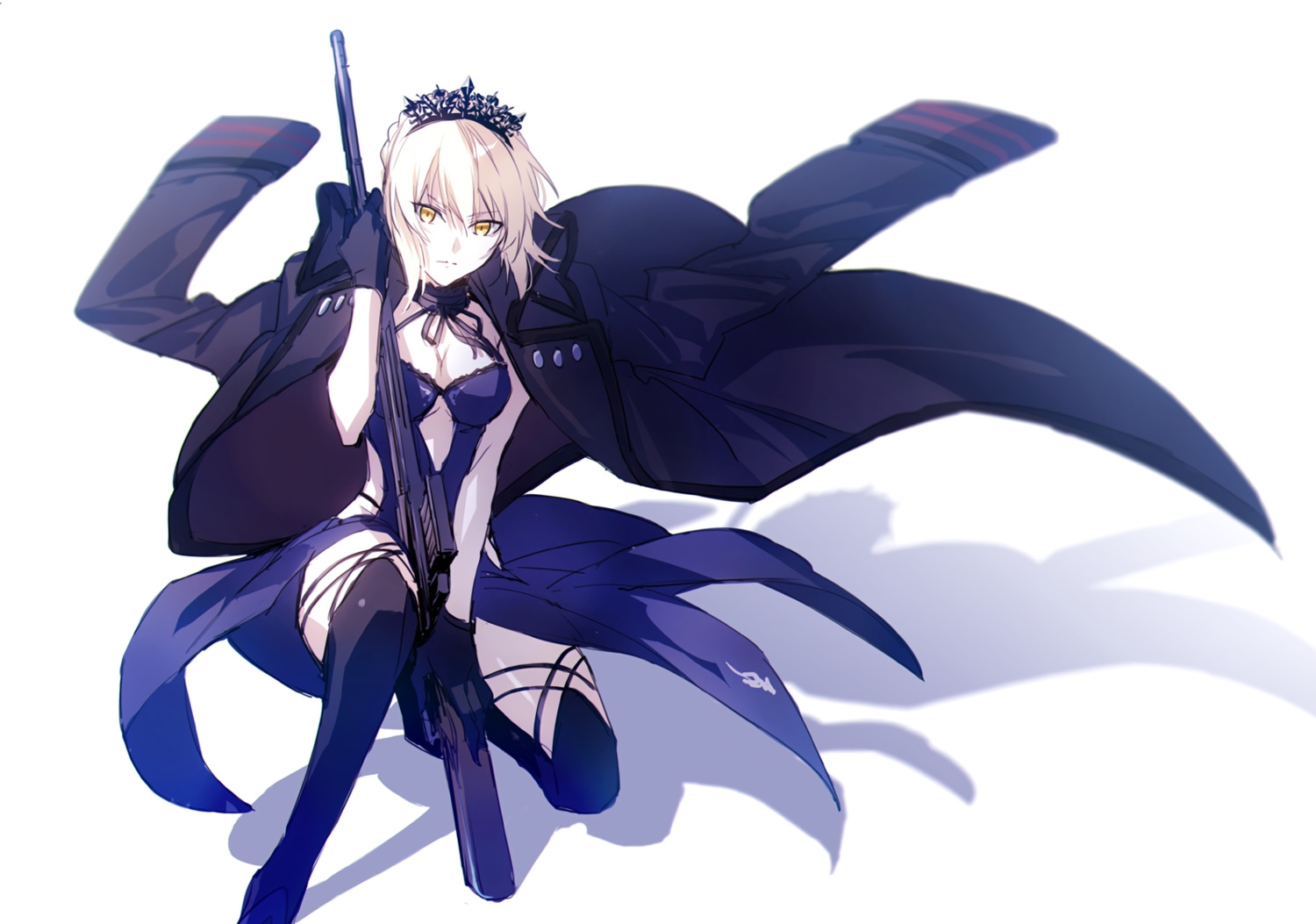 artoria_pendragon_(all), blonde_hair, boots, breasts, cleavage, dress, fate/grand_order, fate_(series), gloves, gun, saber, saber_alter, short_hair, thighhighs, tiara, waifu2x, weapon, white, xia_(ryugo), yellow_eyes