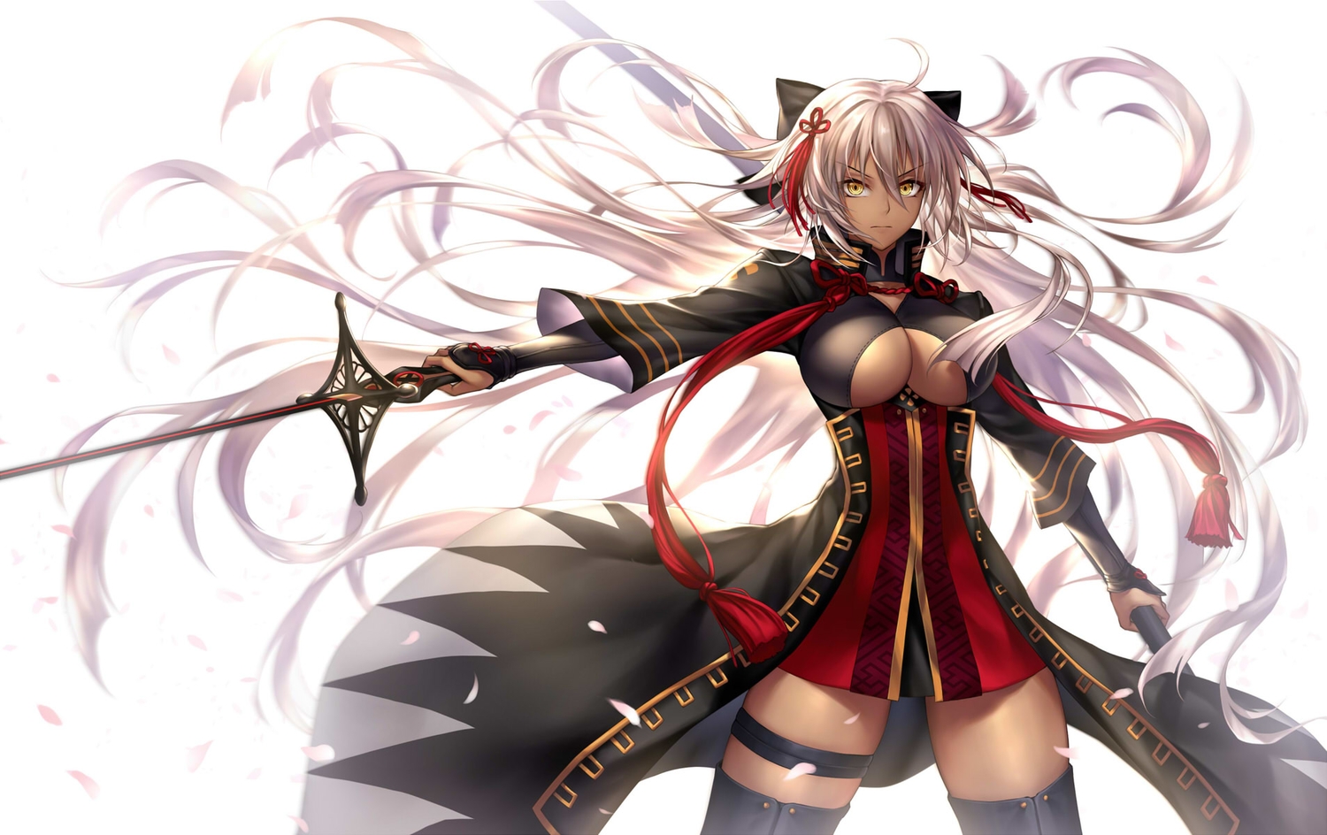 breasts, dark_skin, dress, fate/grand_order, fate_(series), garter, gray_hair, jpeg_artifacts