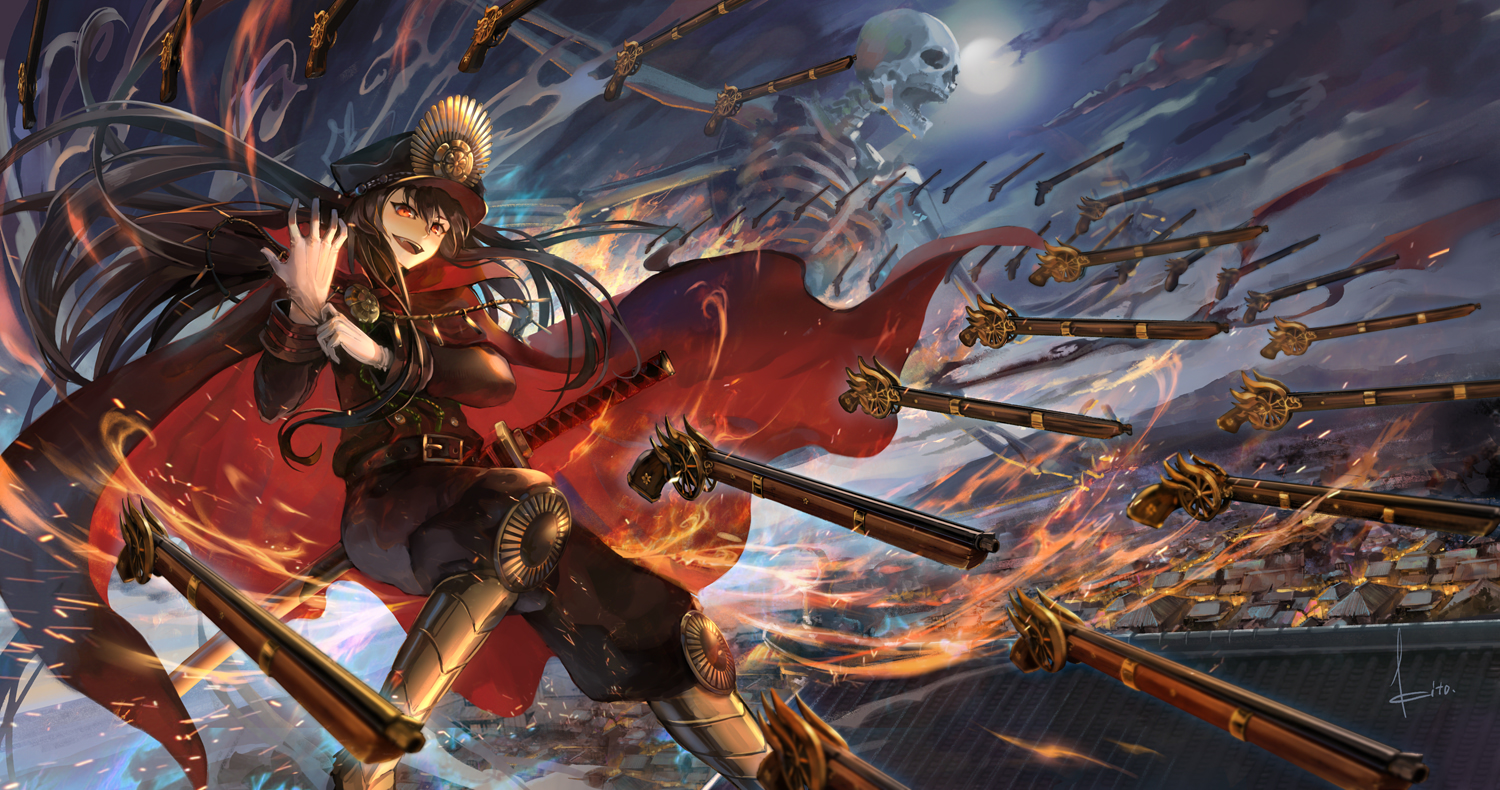 black_hair, bones, boots, cape, fate/grand_order, fate_(series), gloves, hat