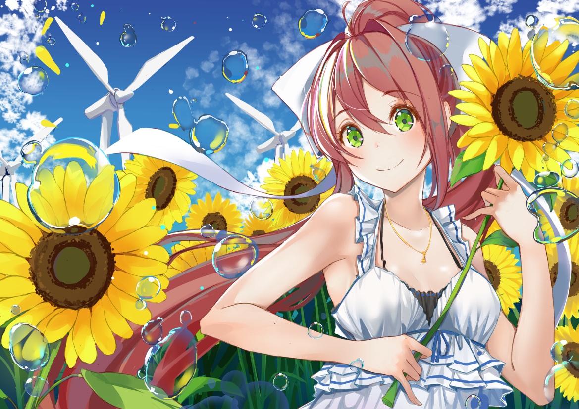 aliasing, brown_hair, bubbles, clouds, doki_doki_literature_club!, flowers, green_eyes, long_hair