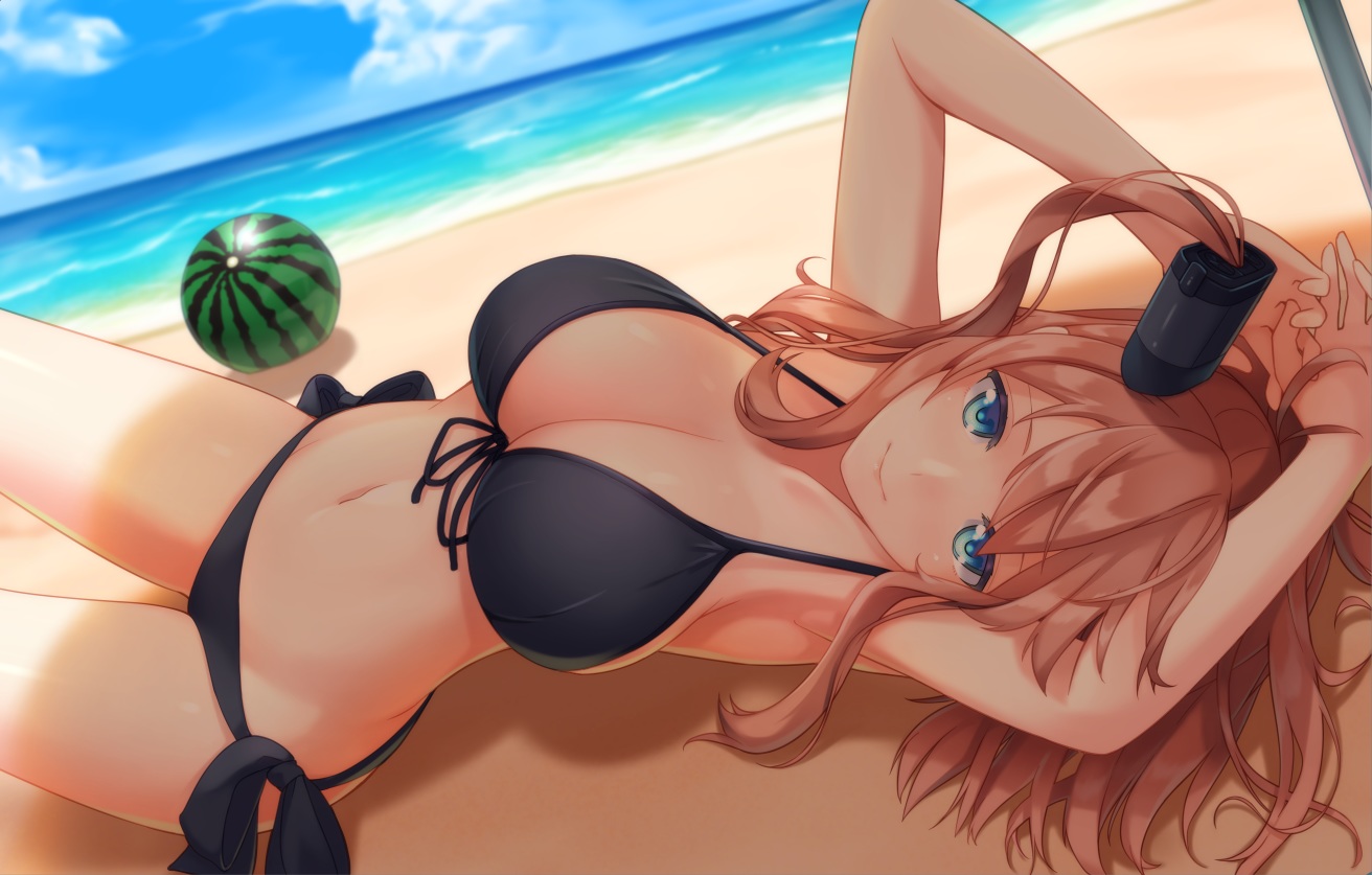 anthropomorphism, aqua_eyes, ball, beach, bikini, breasts, brown_hair, clouds