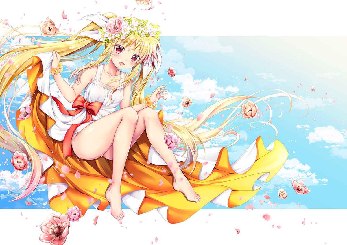barefoot, blonde_hair, bow, clouds, dress, fate_testarossa, flowers, geko_ohoshisama