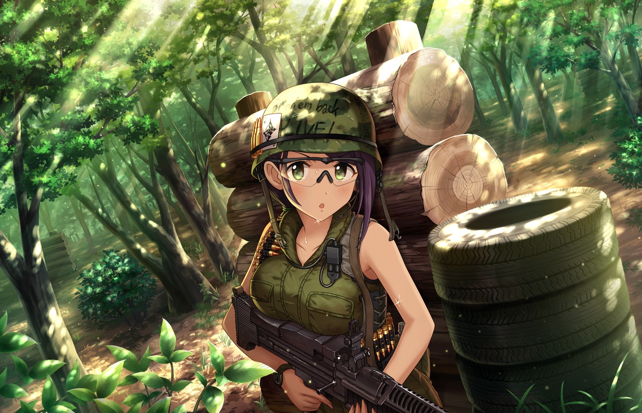 annin_doufu, breast_hold, breasts, forest, goggles, green, green_eyes, gun