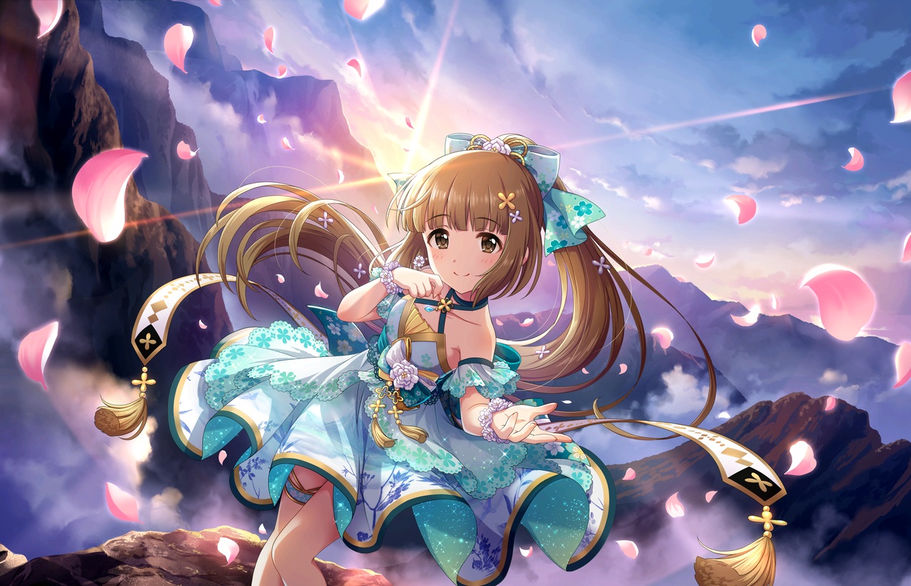 annin_doufu, bow, brown_eyes, brown_hair, clouds, dress, garter, idolmaster