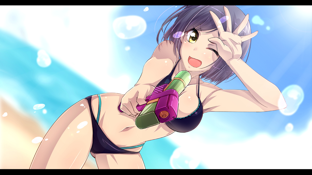 beach, bikini, breasts, cleavage, iga_tamaki, navel, nijisanji, purple_hair, shizuka_rin, short_hair, swimsuit, wink, yellow_eyes