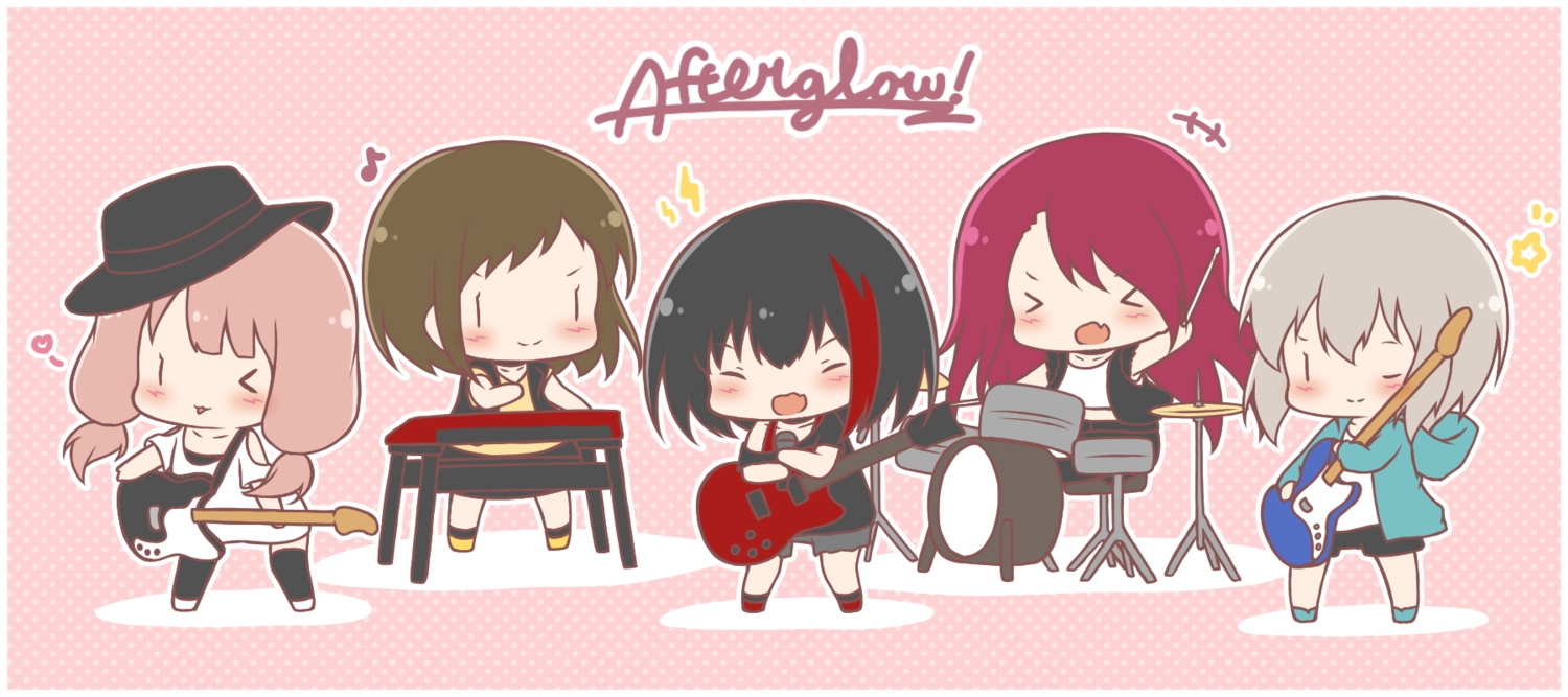 aoba_moka, bang_dream!, black_hair, brown_hair, chibi, drums, fang, gray_hair
