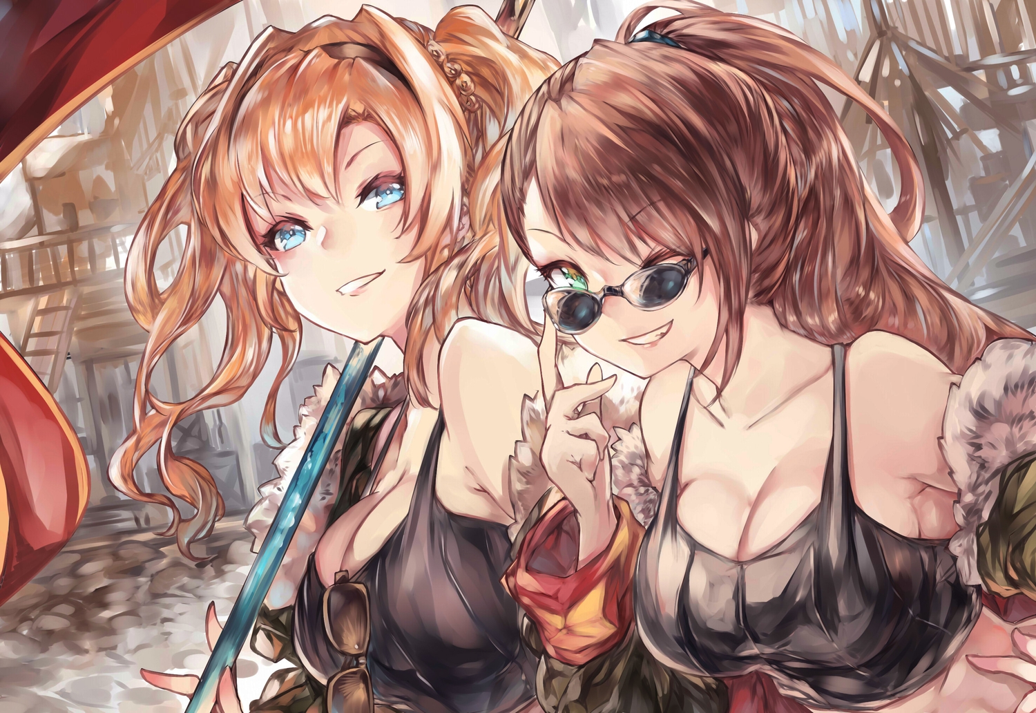 2girls, aqua_eyes, beatrix_(granblue_fantasy), blonde_hair, breasts, brown_hair, cleavage, close
