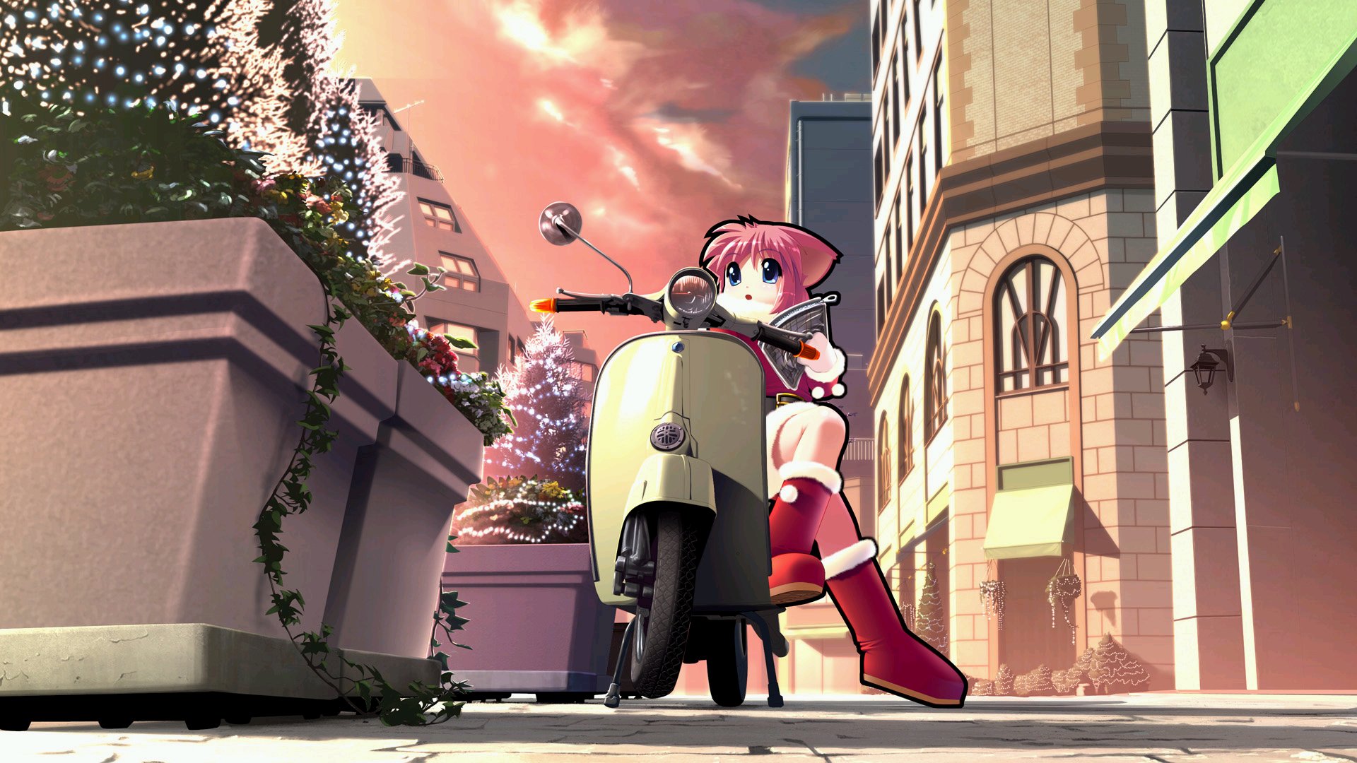 animal_ears, blue_eyes, boots, building, catgirl, christmas, city, flowers