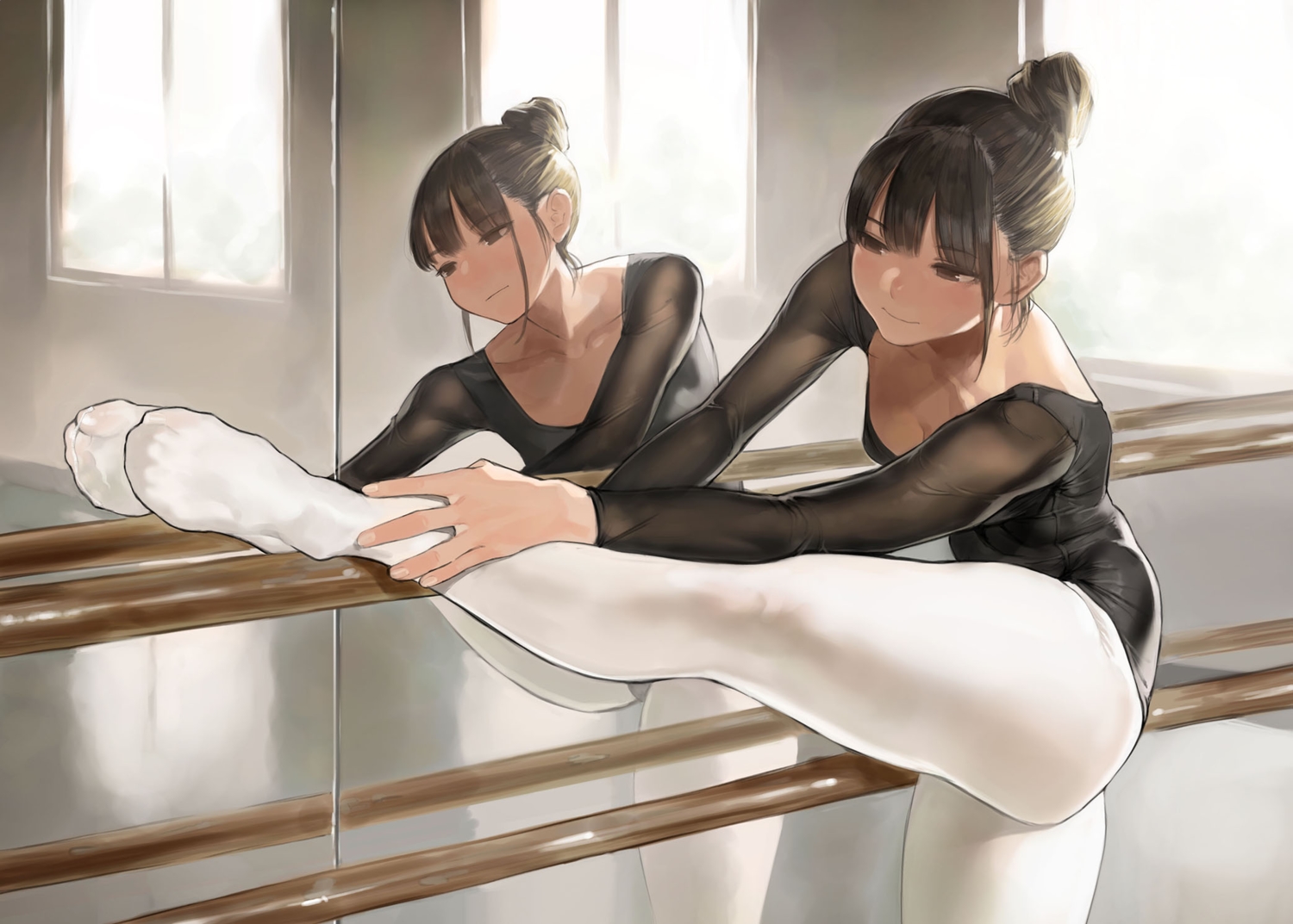 brown_eyes, brown_hair, leotard, mirror, original, reflection, yomu_(sgt_epper)