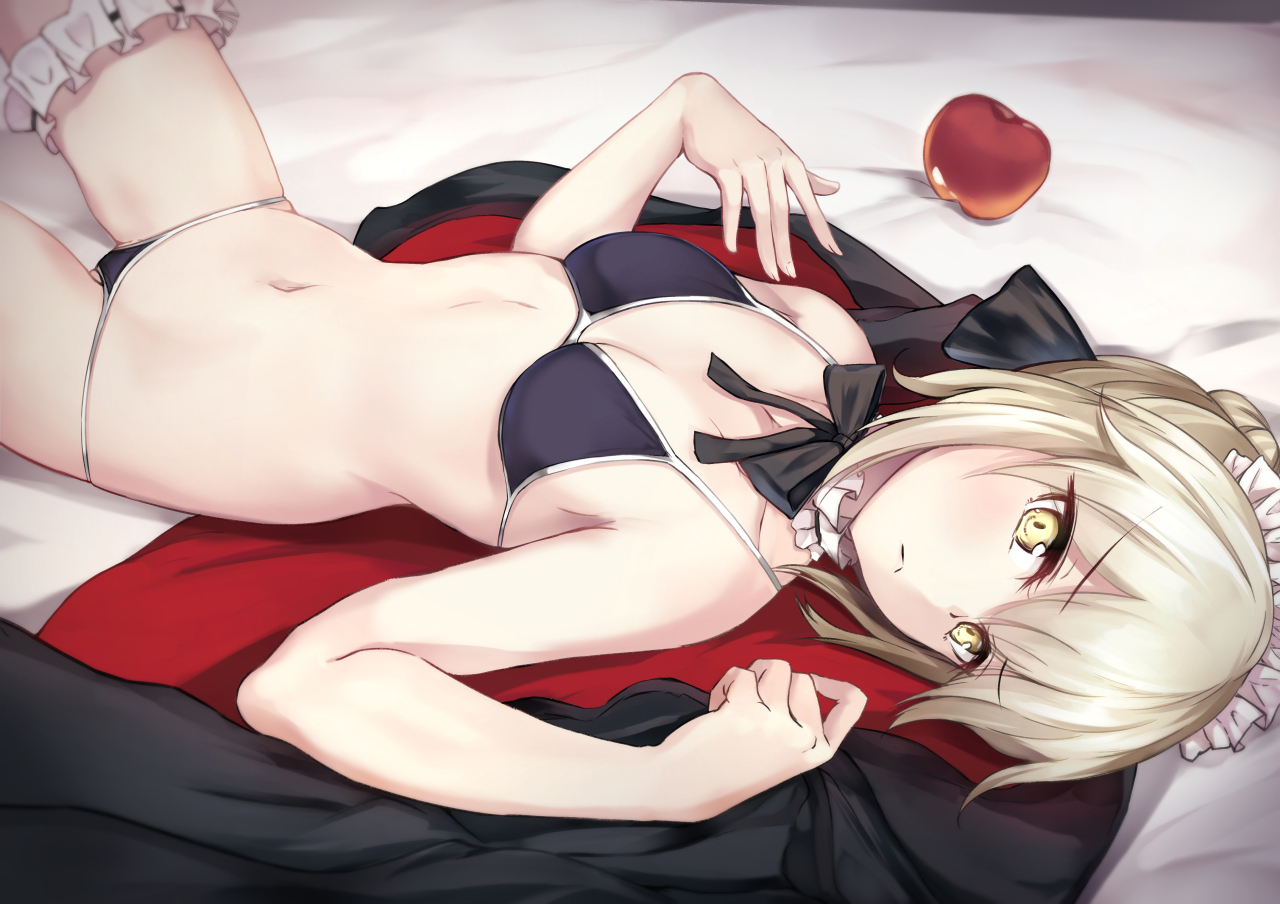 apple, artoria_pendragon_(all), bikini, blonde_hair, bow, braids, fate/grand_order, fate_(series), food, fruit, garter, nakatokung, navel, saber, saber_alter, short_hair, swimsuit, yellow_eyes