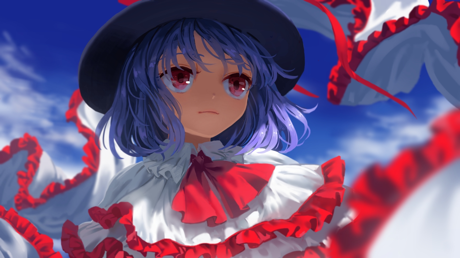 blue_hair, close, clouds, dress, hat, nagae_iku, red_eyes, ribbons