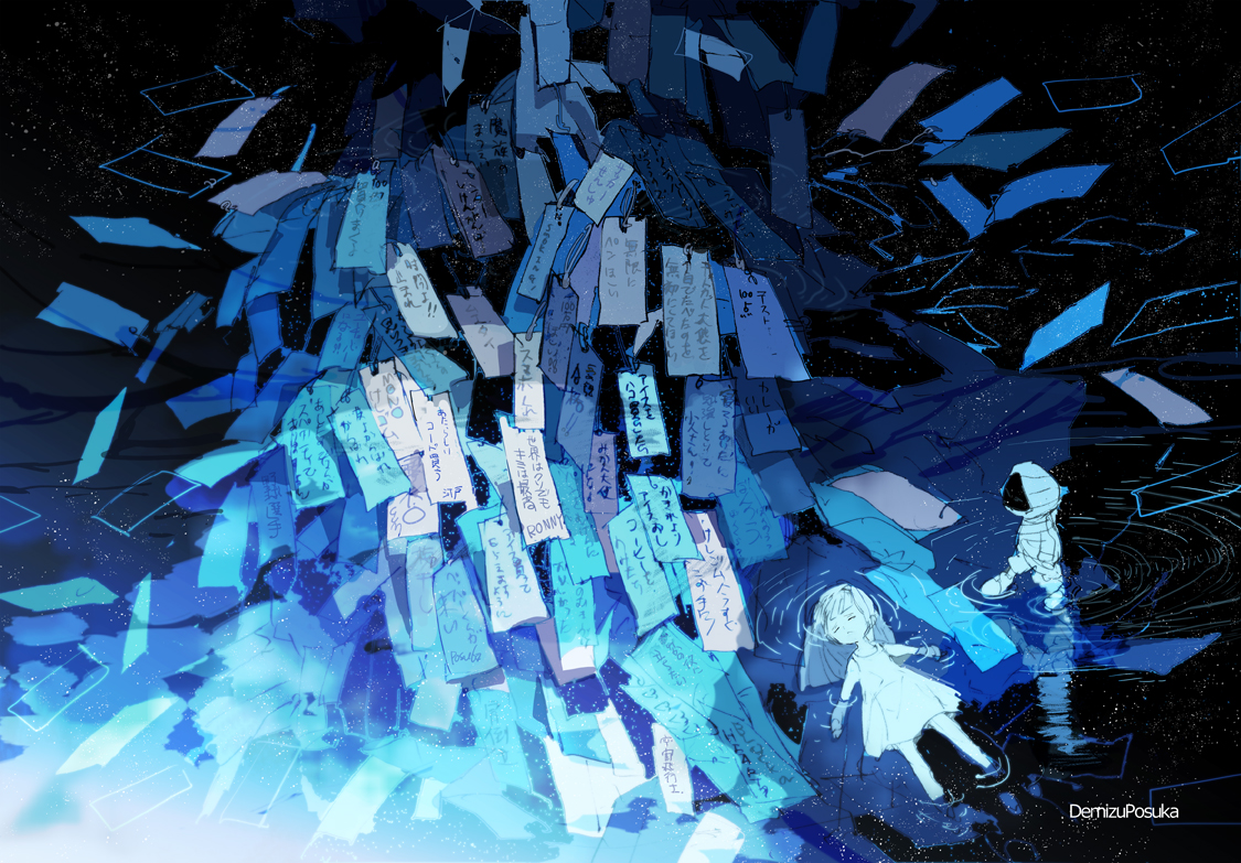 blue, demizu_posuka, dress, loli, long_hair, original, paper, polychromatic