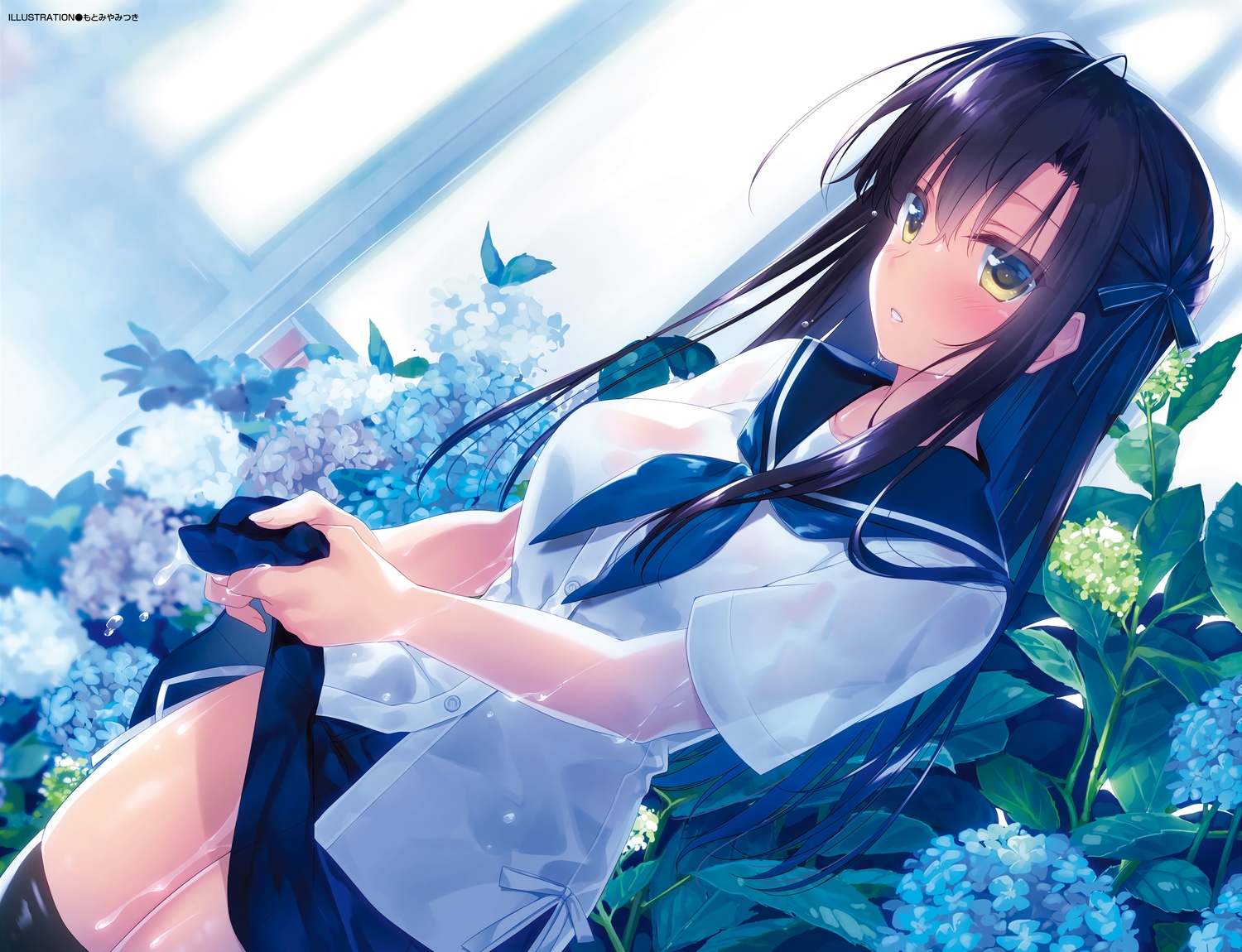 animal, black_hair, butterfly, dengeki_moeoh, flowers, long_hair, motomiya_mitsuki, school_uniform