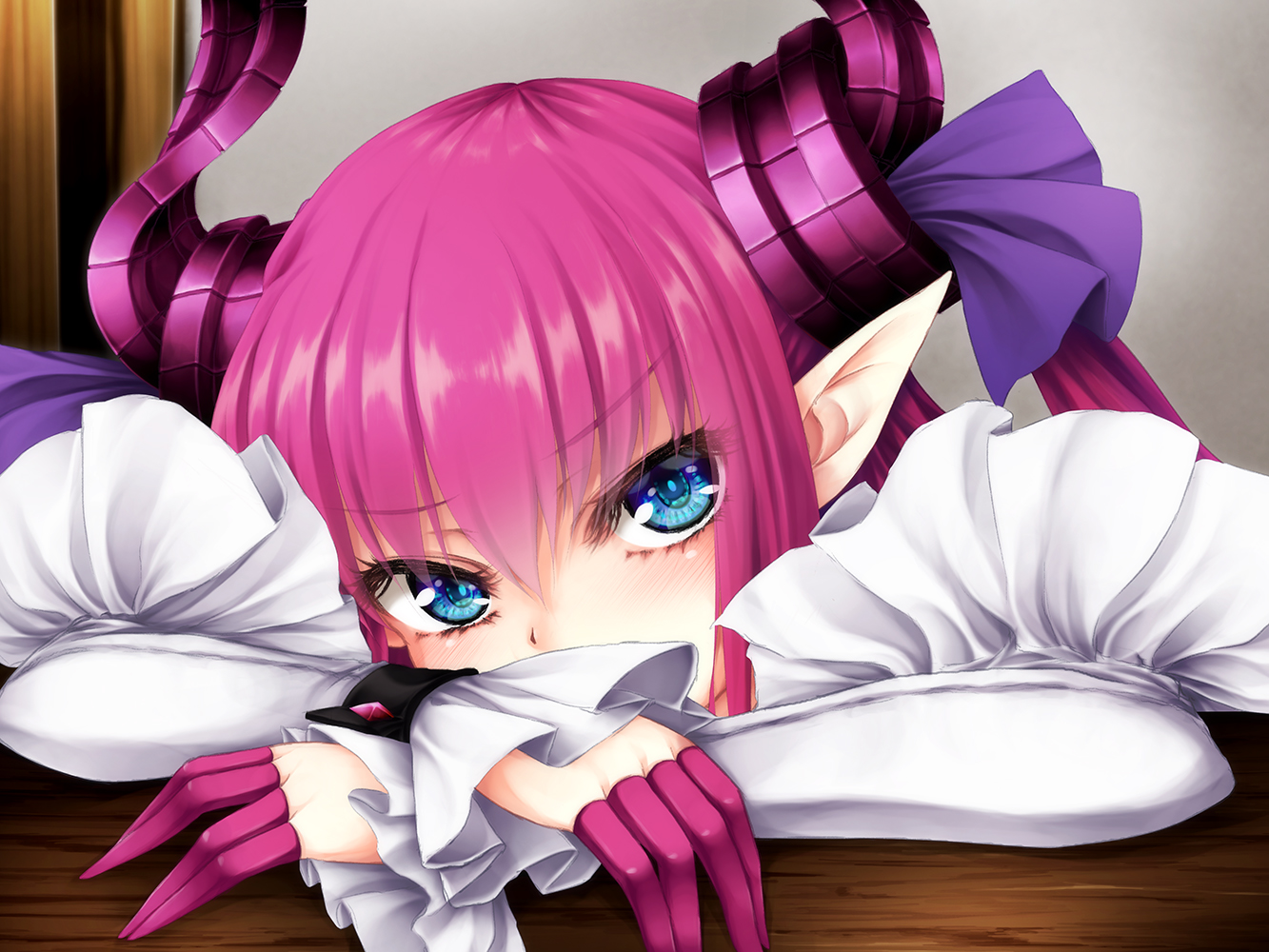blue_eyes, close, elizabeth_bathory_(fate), fate/grand_order, fate_(series), horns, long_hair, pink_hair, pointed_ears, sasasa_(nashi)