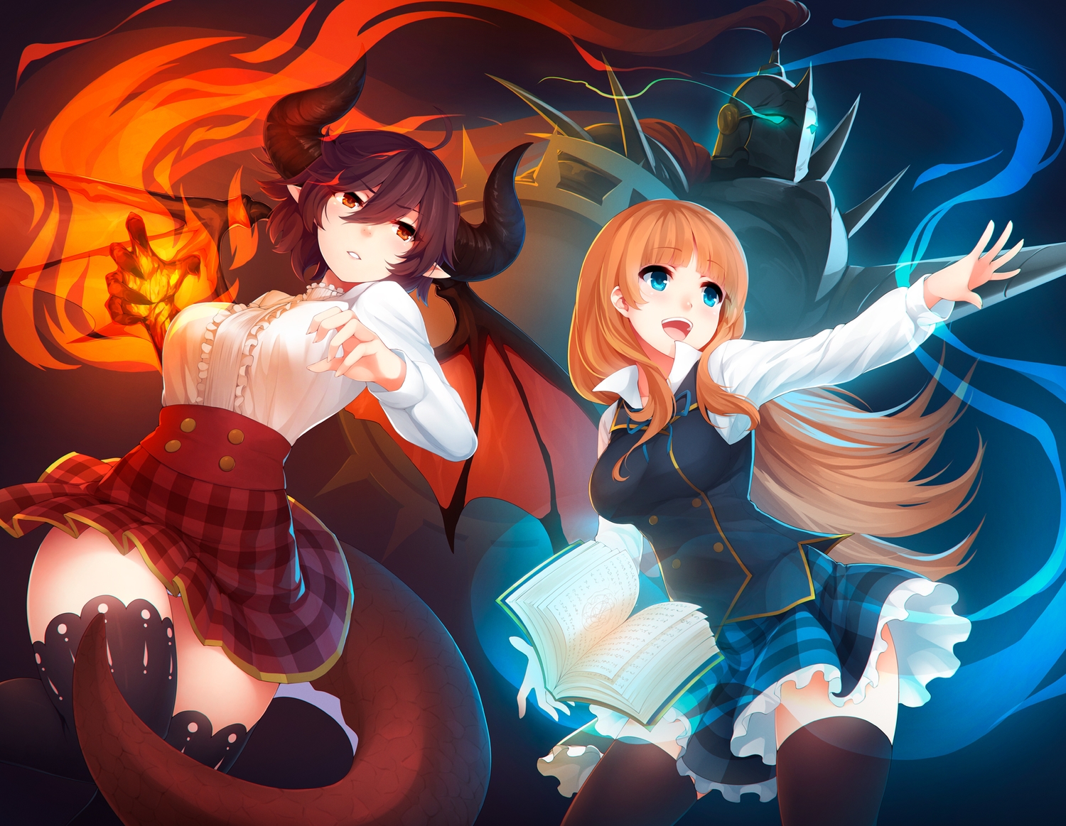2girls, anne_(shingeki_no_bahamut), aqua_eyes, armor, book, fire, granblue_fantasy, grea_(shingeki_no_bahamut), horns, long_hair, magic, orange_hair, pointed_ears, purple_hair, red_eyes, ricegnat, shingeki_no_bahamut, short_hair, skirt, tail, thighhighs, wings