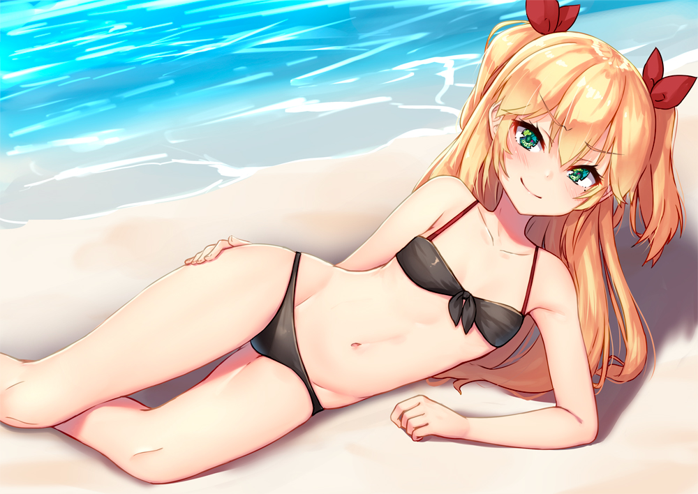 admiral_hipper_(azur_lane), anthropomorphism, azur_lane, beach, bikini, blonde_hair, flat_chest, green_eyes, long_hair, navel, pensuke, swimsuit, twintails, water