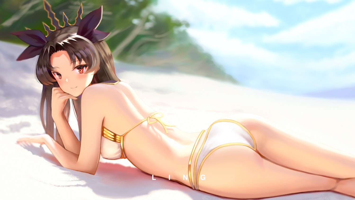 aling, ass, beach, bikini, brown_hair, clouds, fate/grand_order, fate_(series), headdress, ishtar_(fate/grand_order), long_hair, red_eyes, sky, swimsuit, watermark