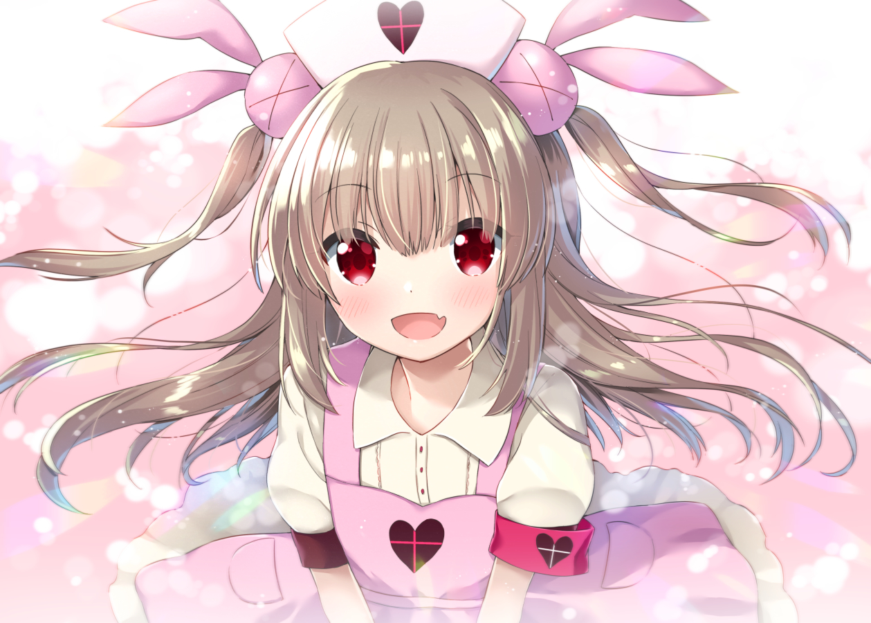 apron, blush, brown_hair, close, dress, fang, headdress, loli