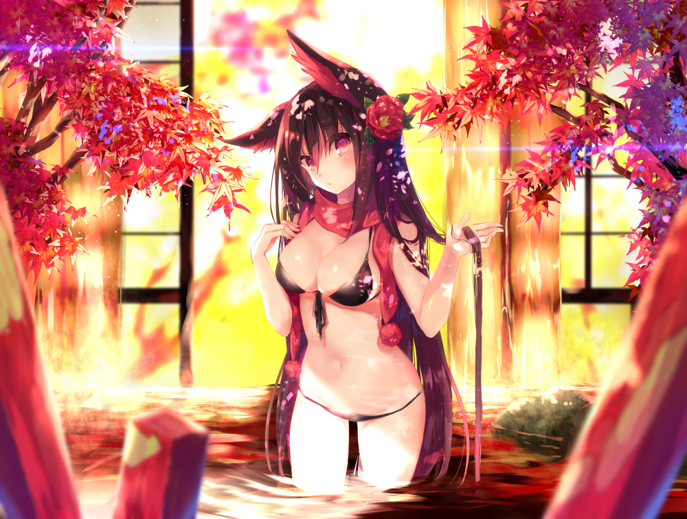 animal_ears, autumn, bikini, breasts, brown_hair, cleavage, flowers, foxgirl, leaves, long_hair, navel, nekoboshi_sakko, onsen, original, red_eyes, scarf, swimsuit, water, waterfall