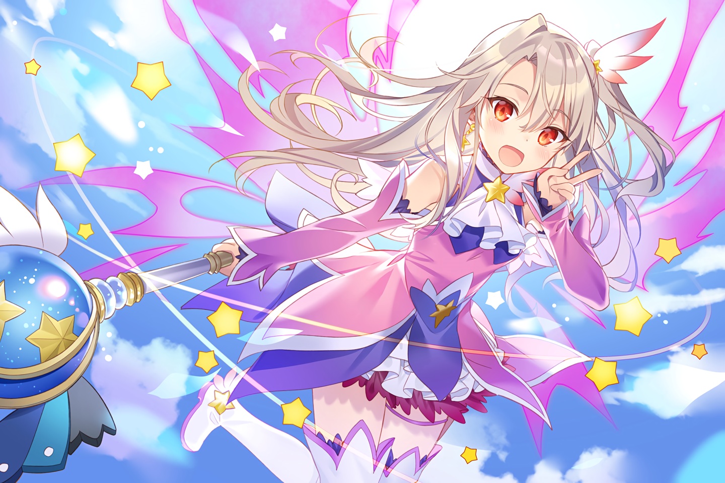 blonde_hair, boots, clouds, dress, fate/kaleid_liner_prisma_illya, fate_(series), illyasviel_von_einzbern, long_hair