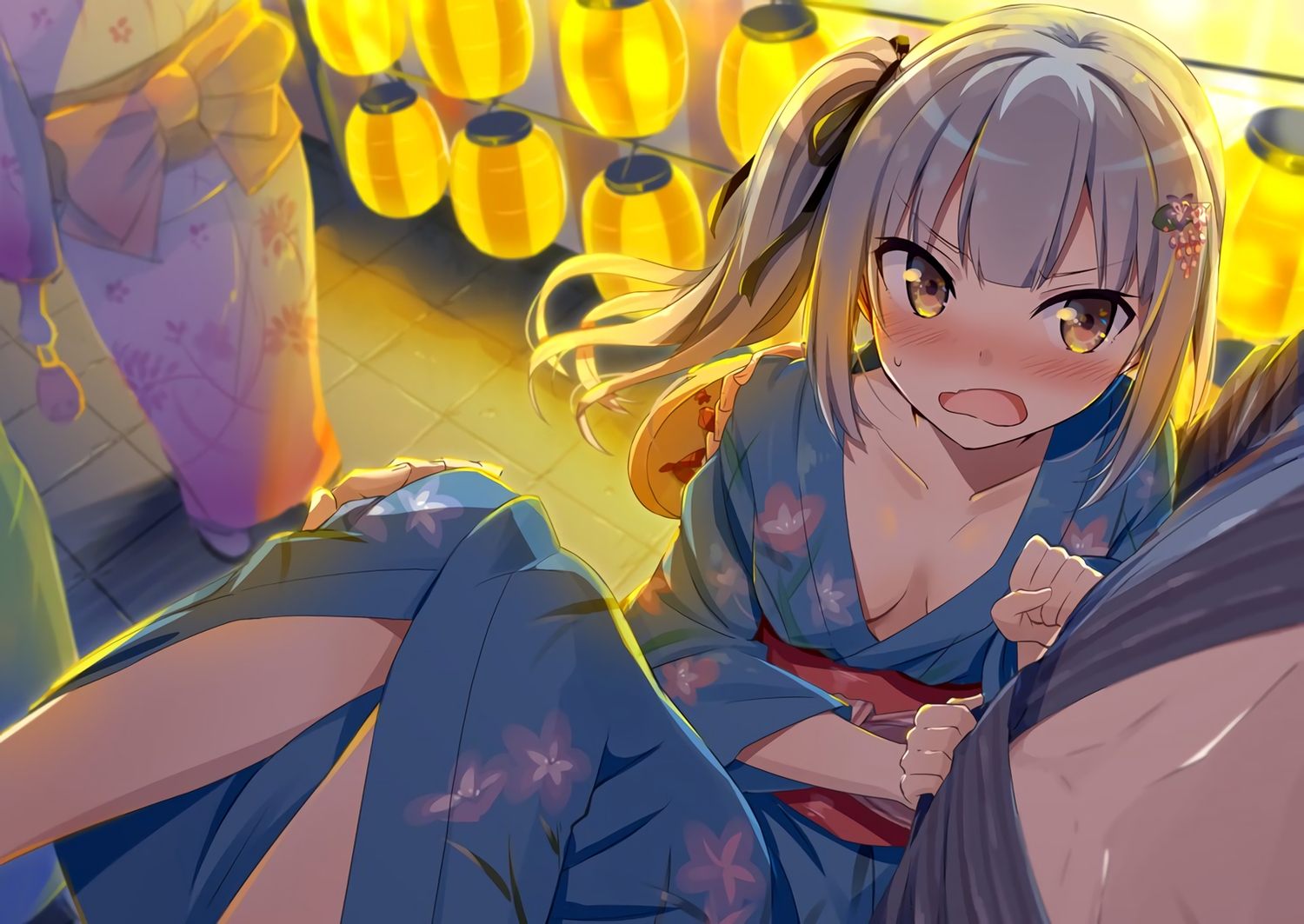 anthropomorphism, blush, breasts, brown_eyes, close, festival, gotyou, gray_hair